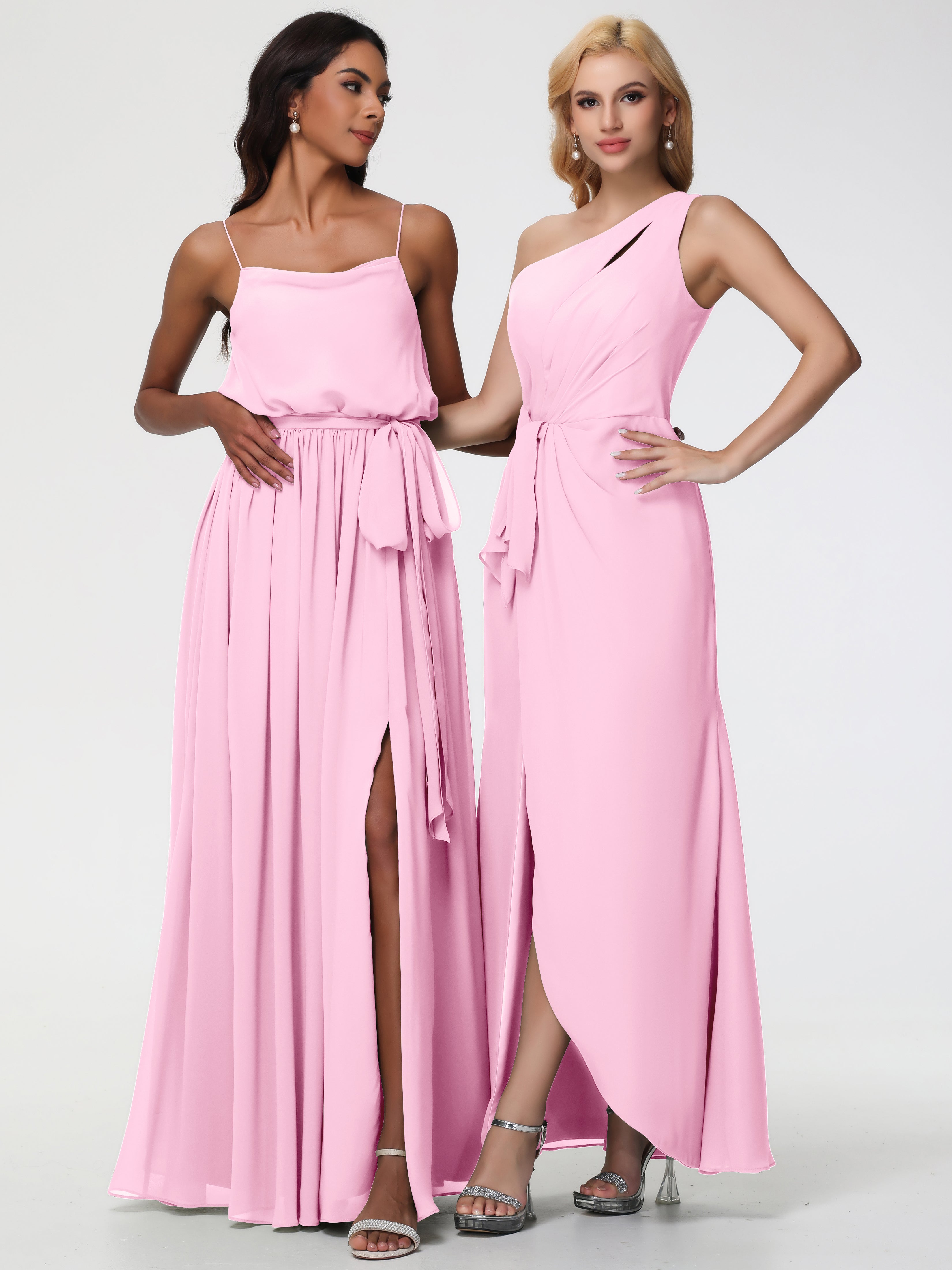 One Shoulder Sheath/Column Sleeveless Long Split Chiffon Bridesmaid Dresses