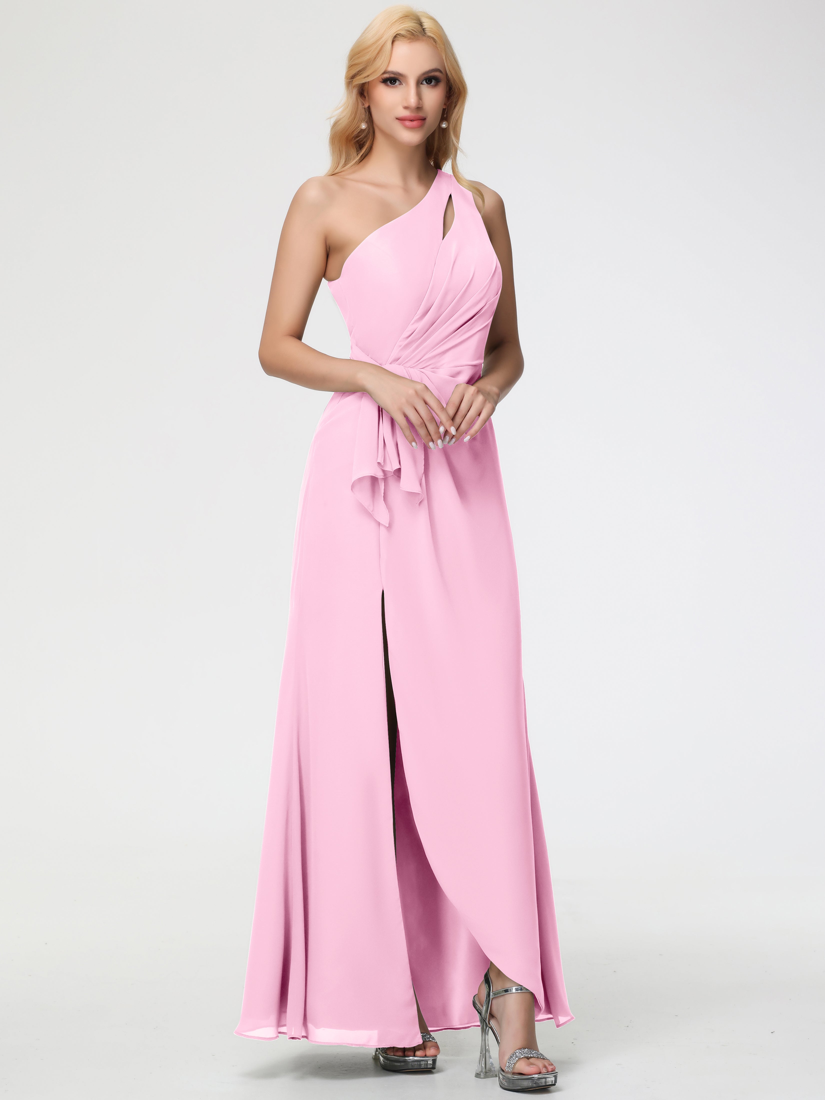 One Shoulder Sheath/Column Sleeveless Long Split Chiffon Bridesmaid Dresses