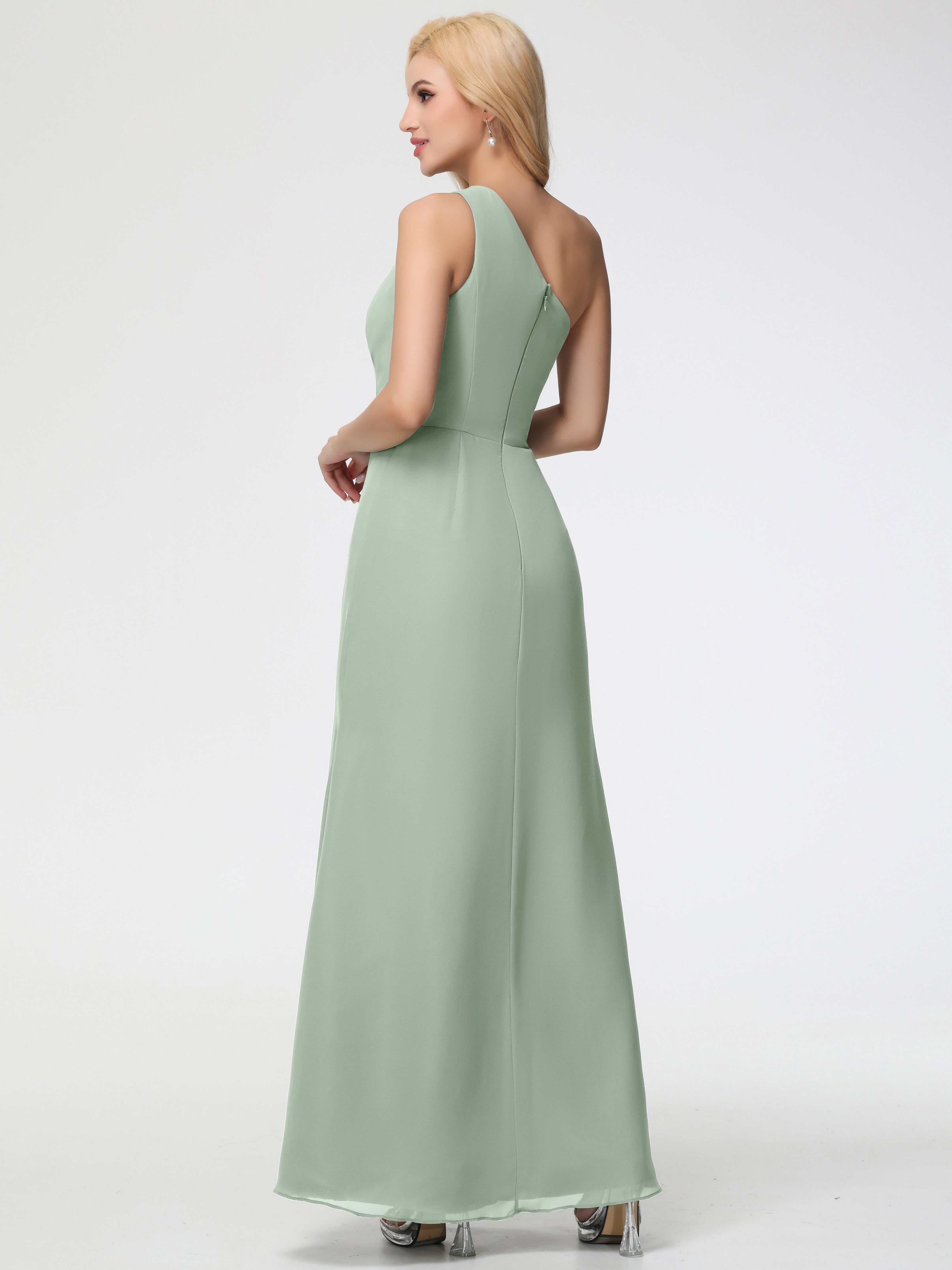 One Shoulder Sheath/Column Sleeveless Long Split Chiffon Bridesmaid Dresses