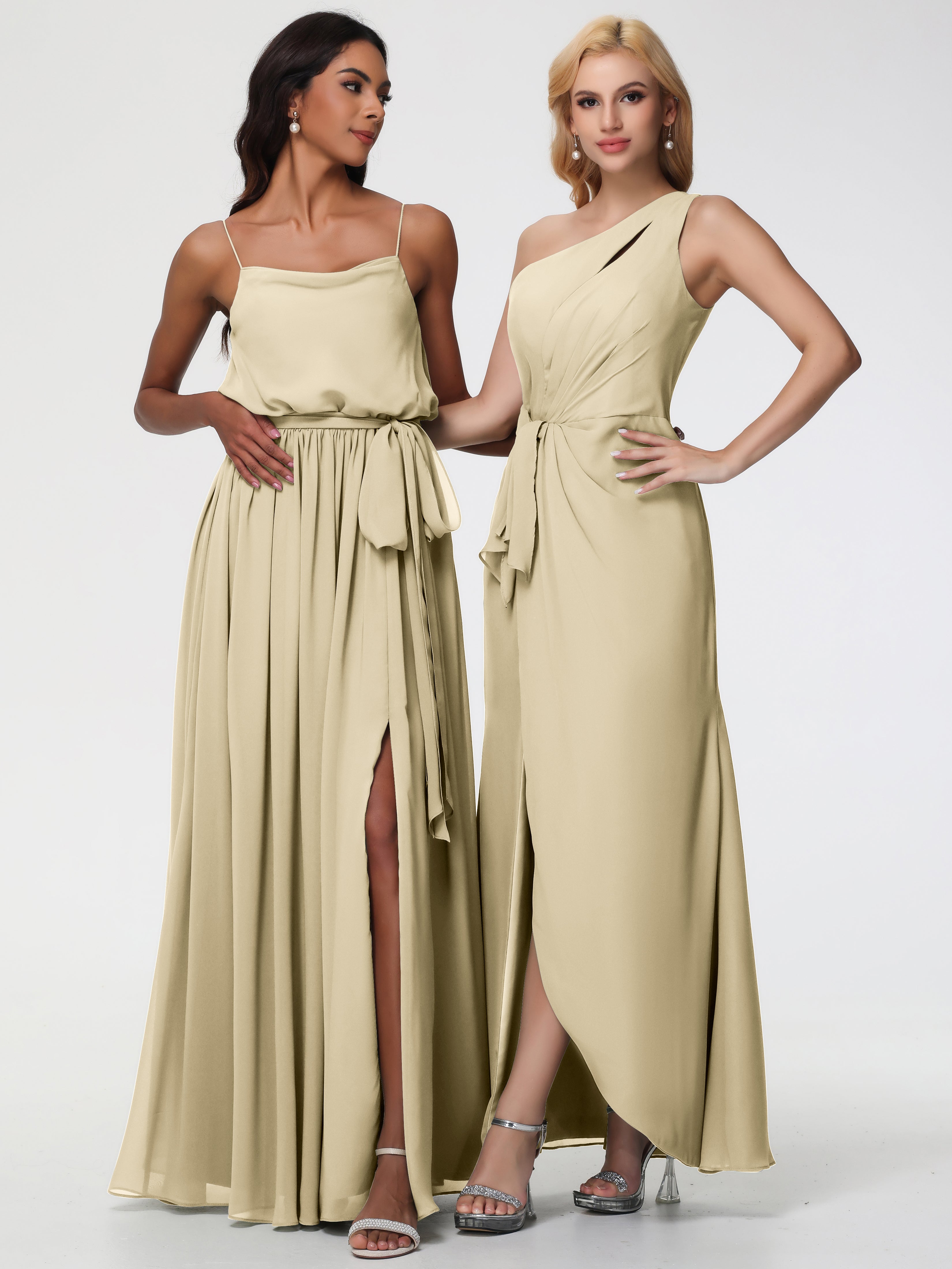 One Shoulder Sheath/Column Sleeveless Long Split Chiffon Bridesmaid Dresses