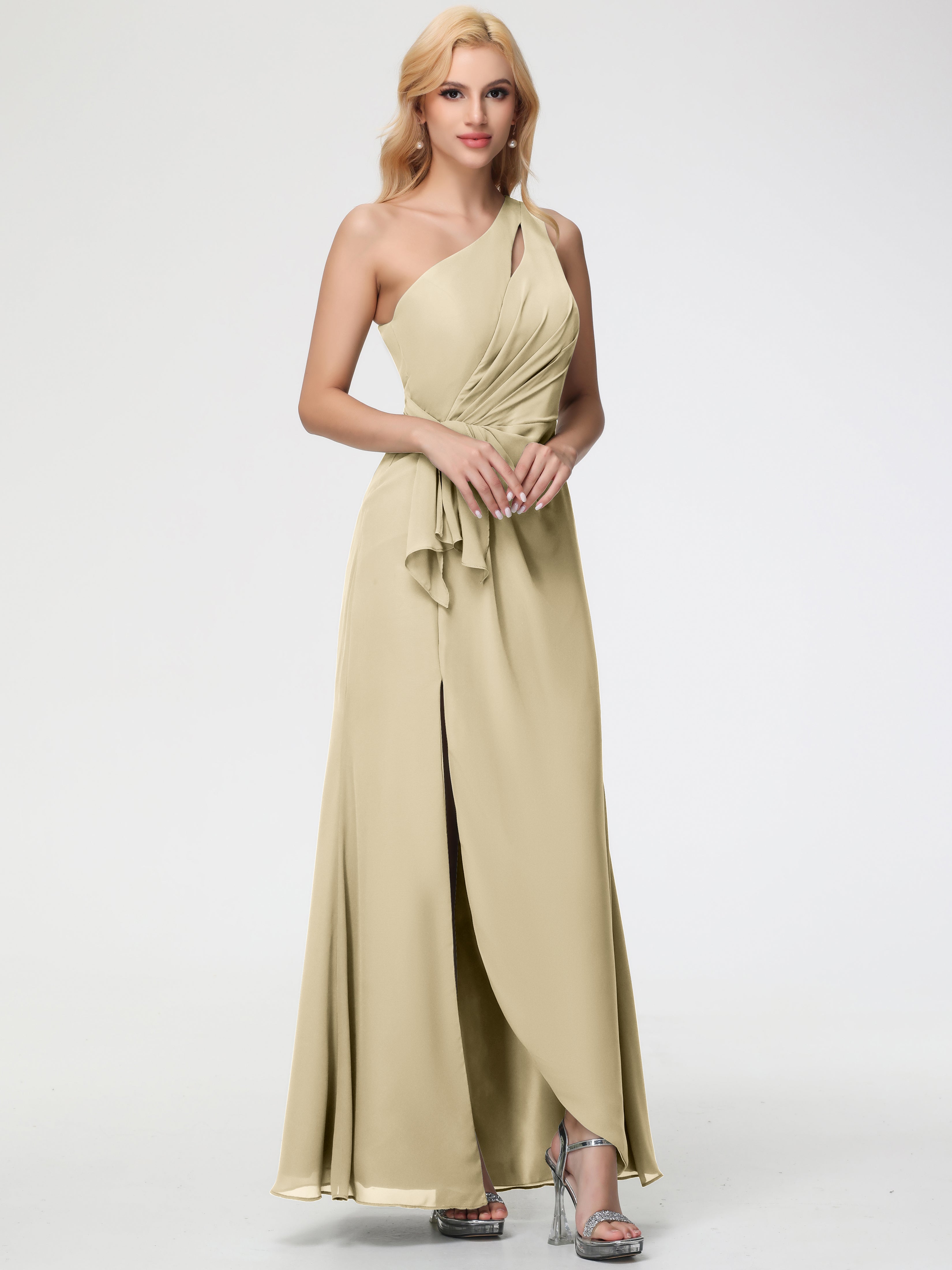 One Shoulder Sheath/Column Sleeveless Long Split Chiffon Bridesmaid Dresses