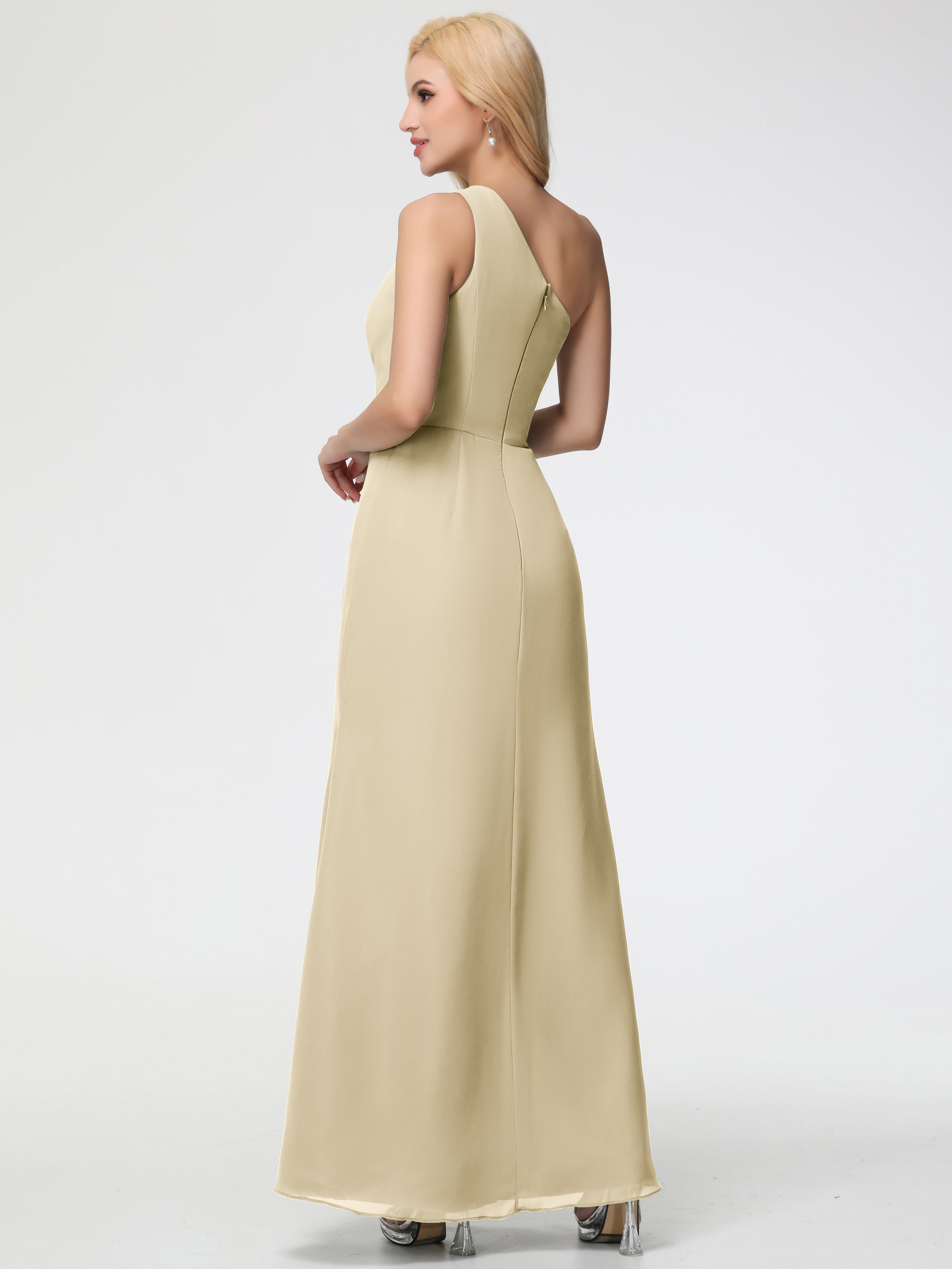 One Shoulder Sheath/Column Sleeveless Long Split Chiffon Bridesmaid Dresses