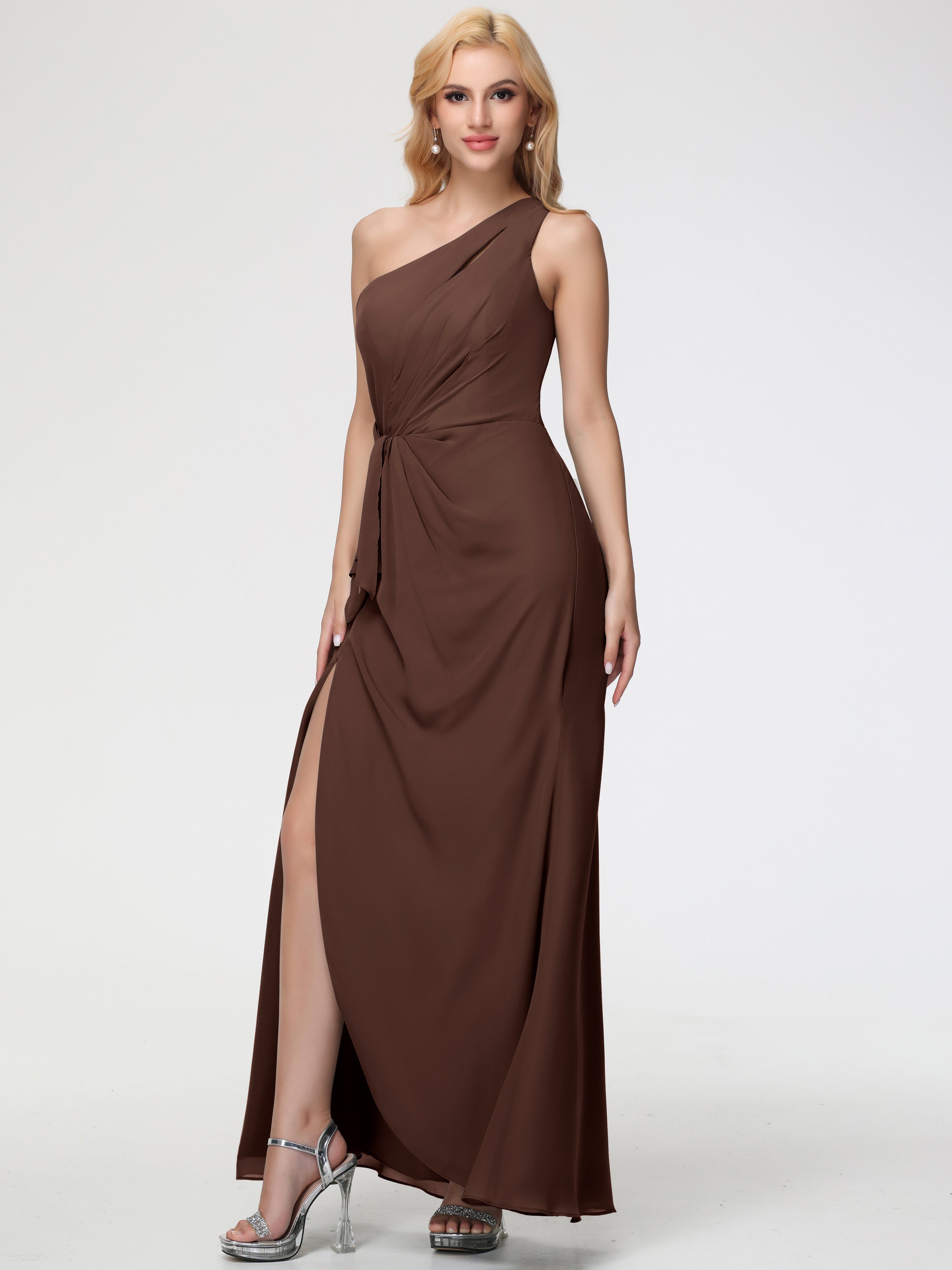 One Shoulder Sheath/Column Sleeveless Long Split Chiffon Bridesmaid Dresses