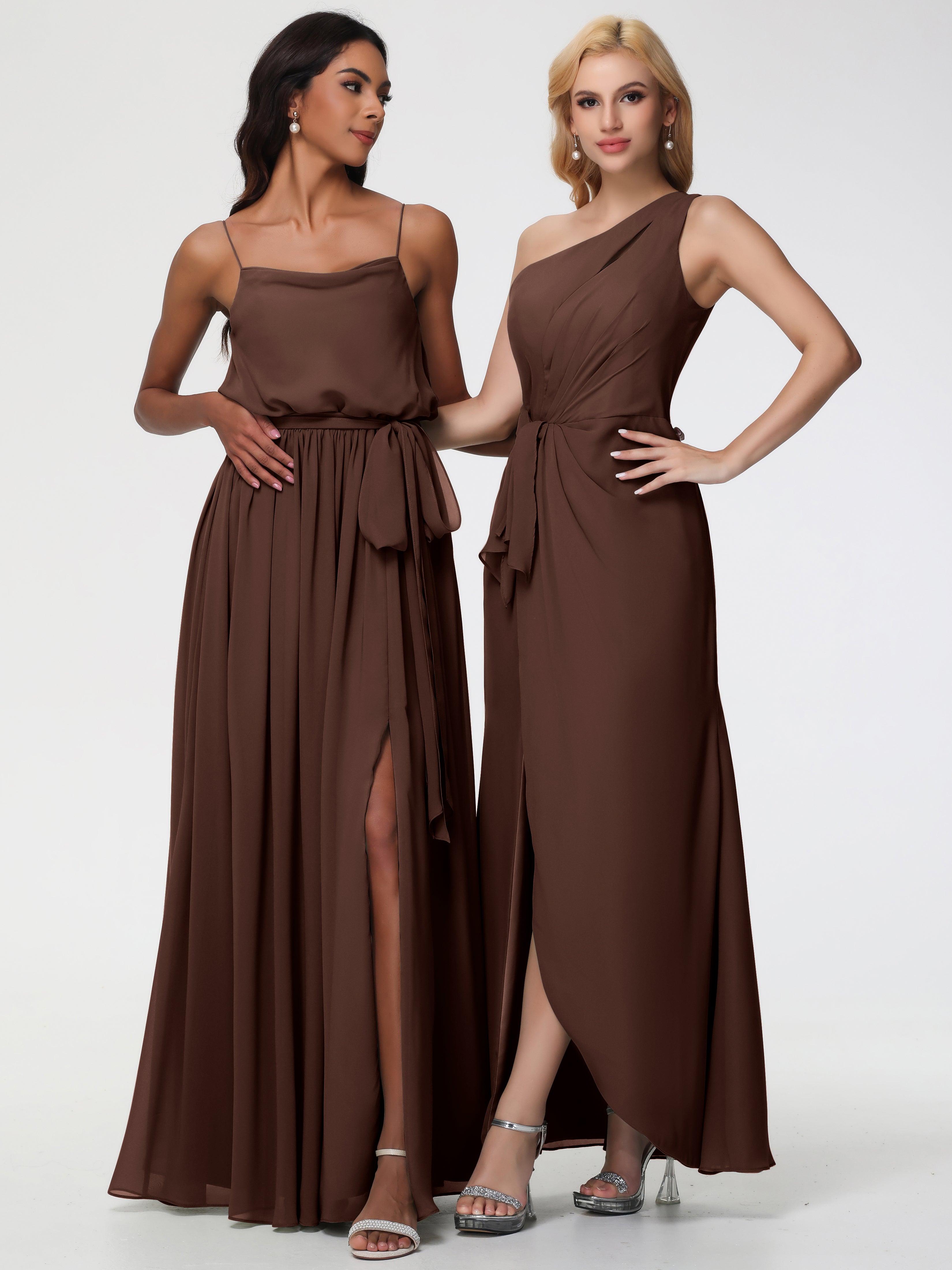 One Shoulder Sheath/Column Sleeveless Long Split Chiffon Bridesmaid Dresses