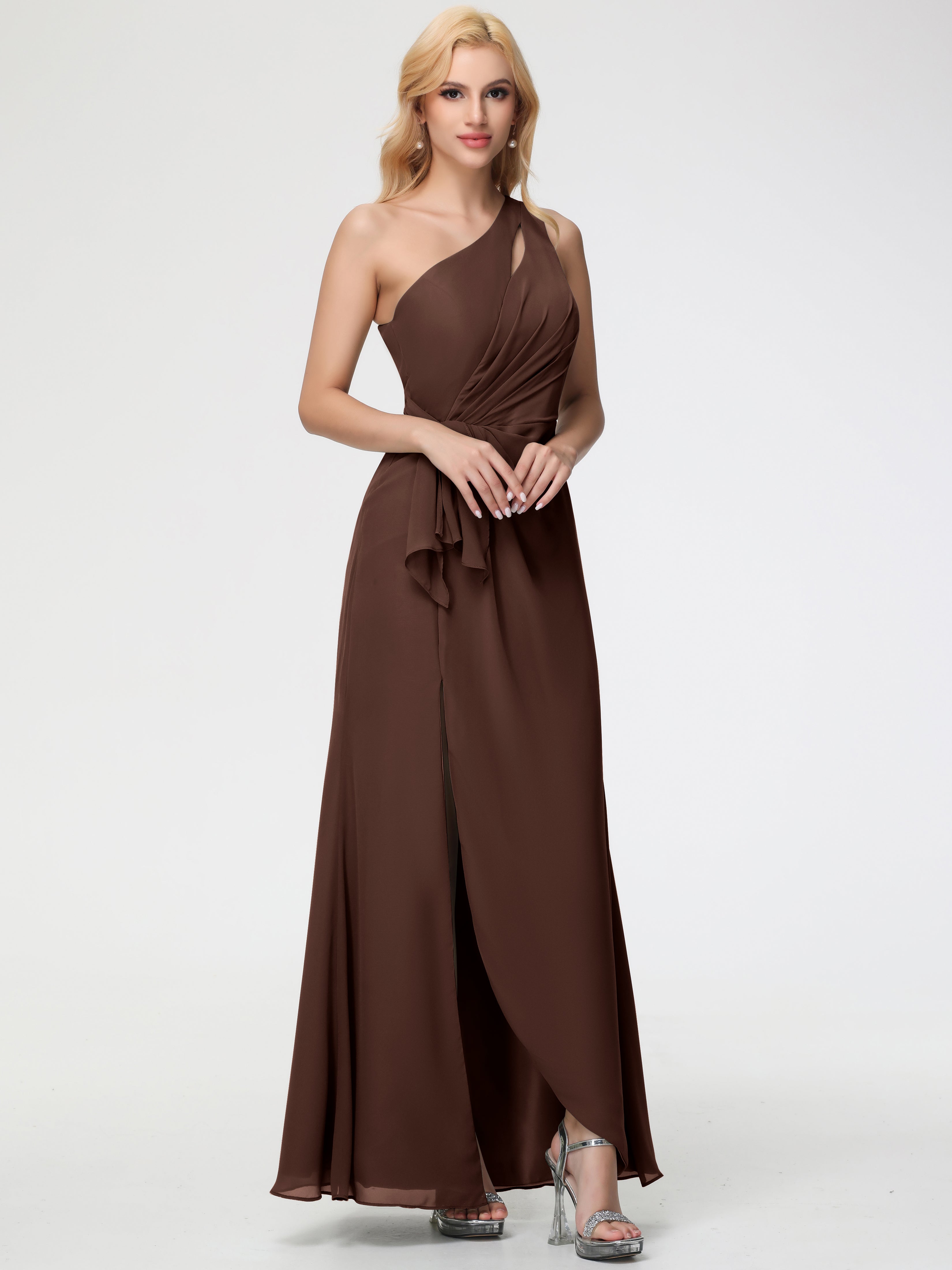 One Shoulder Sheath/Column Sleeveless Long Split Chiffon Bridesmaid Dresses
