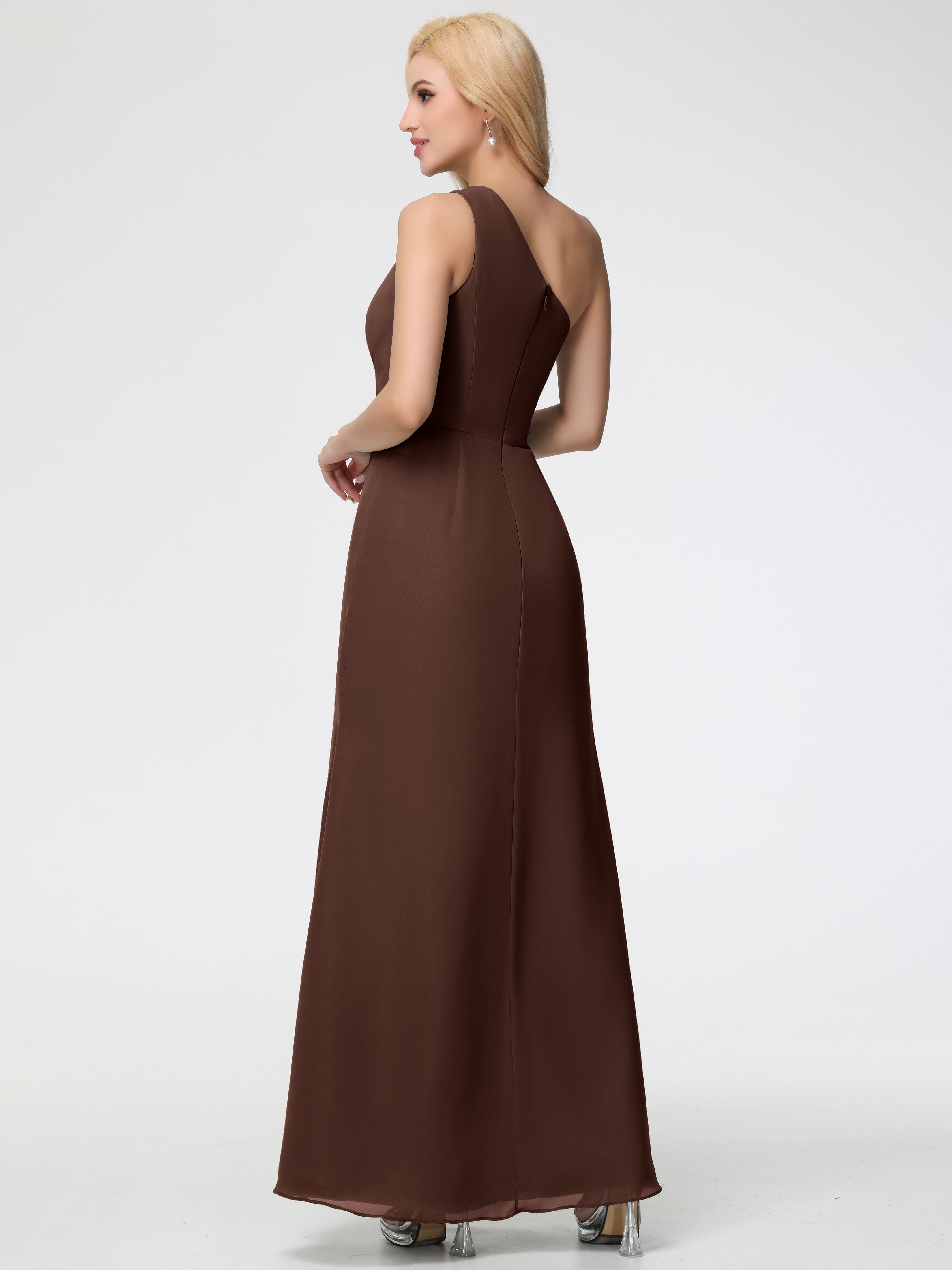 One Shoulder Sheath/Column Sleeveless Long Split Chiffon Bridesmaid Dresses
