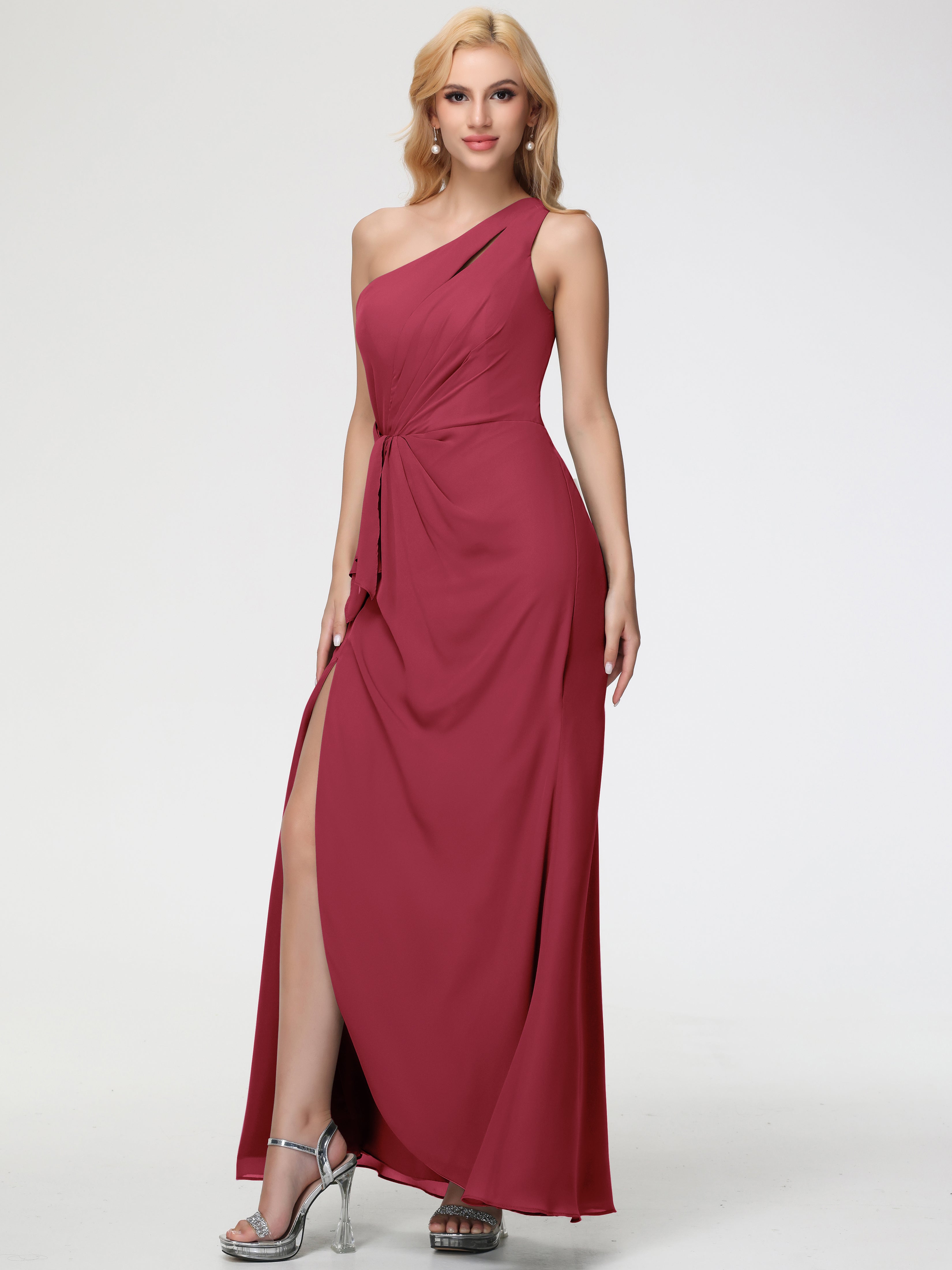 One Shoulder Sheath/Column Sleeveless Long Split Chiffon Bridesmaid Dresses