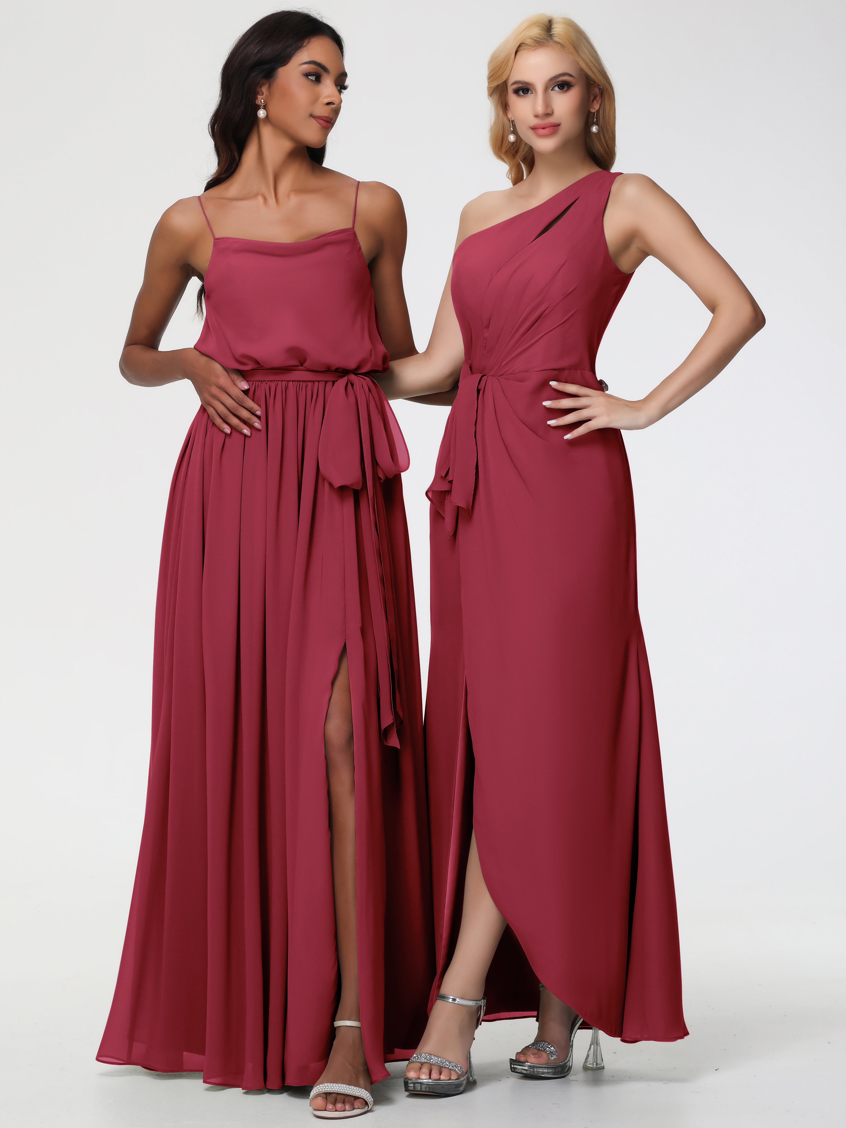 One Shoulder Sheath/Column Sleeveless Long Split Chiffon Bridesmaid Dresses
