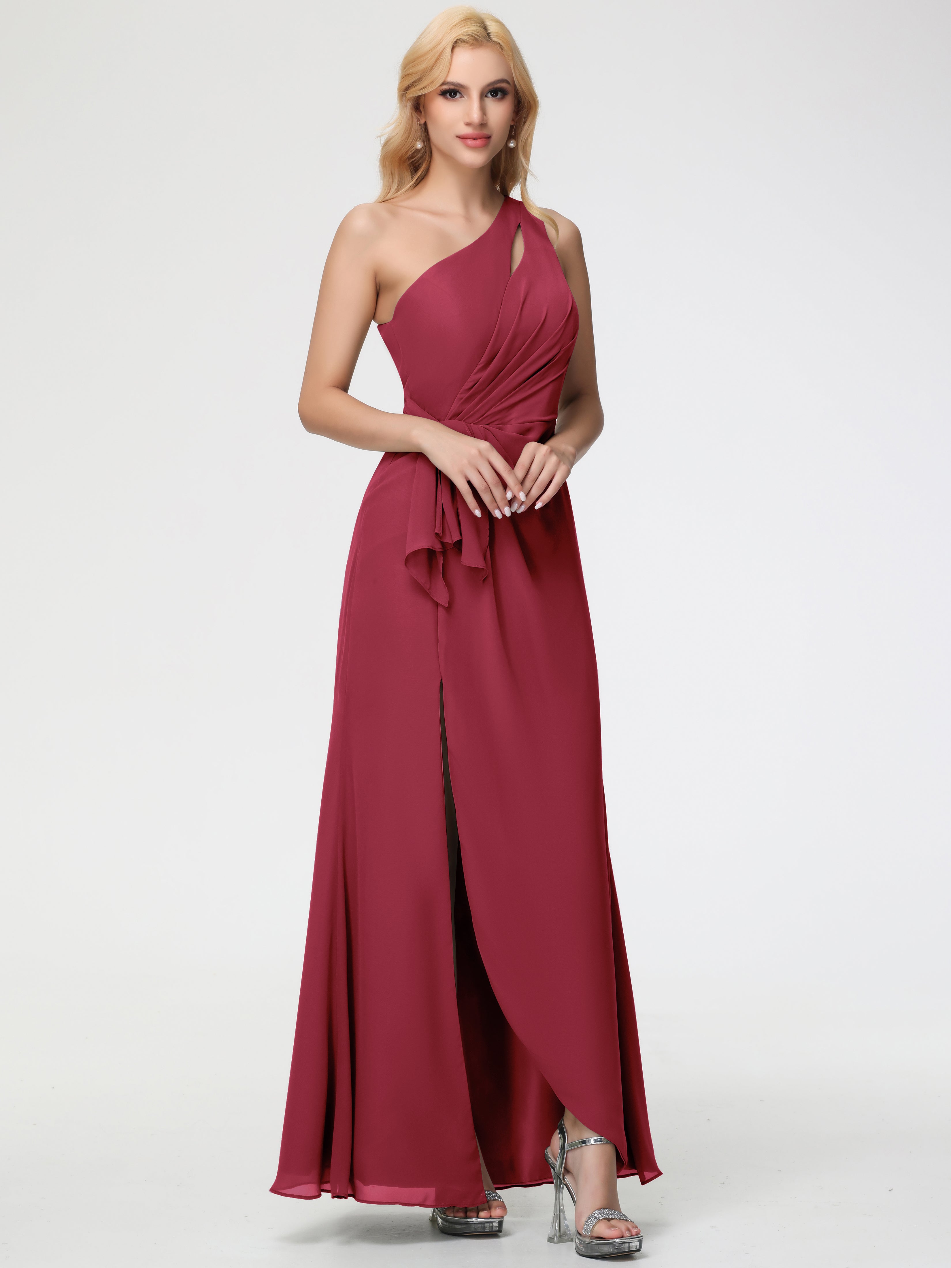 One Shoulder Sheath/Column Sleeveless Long Split Chiffon Bridesmaid Dresses