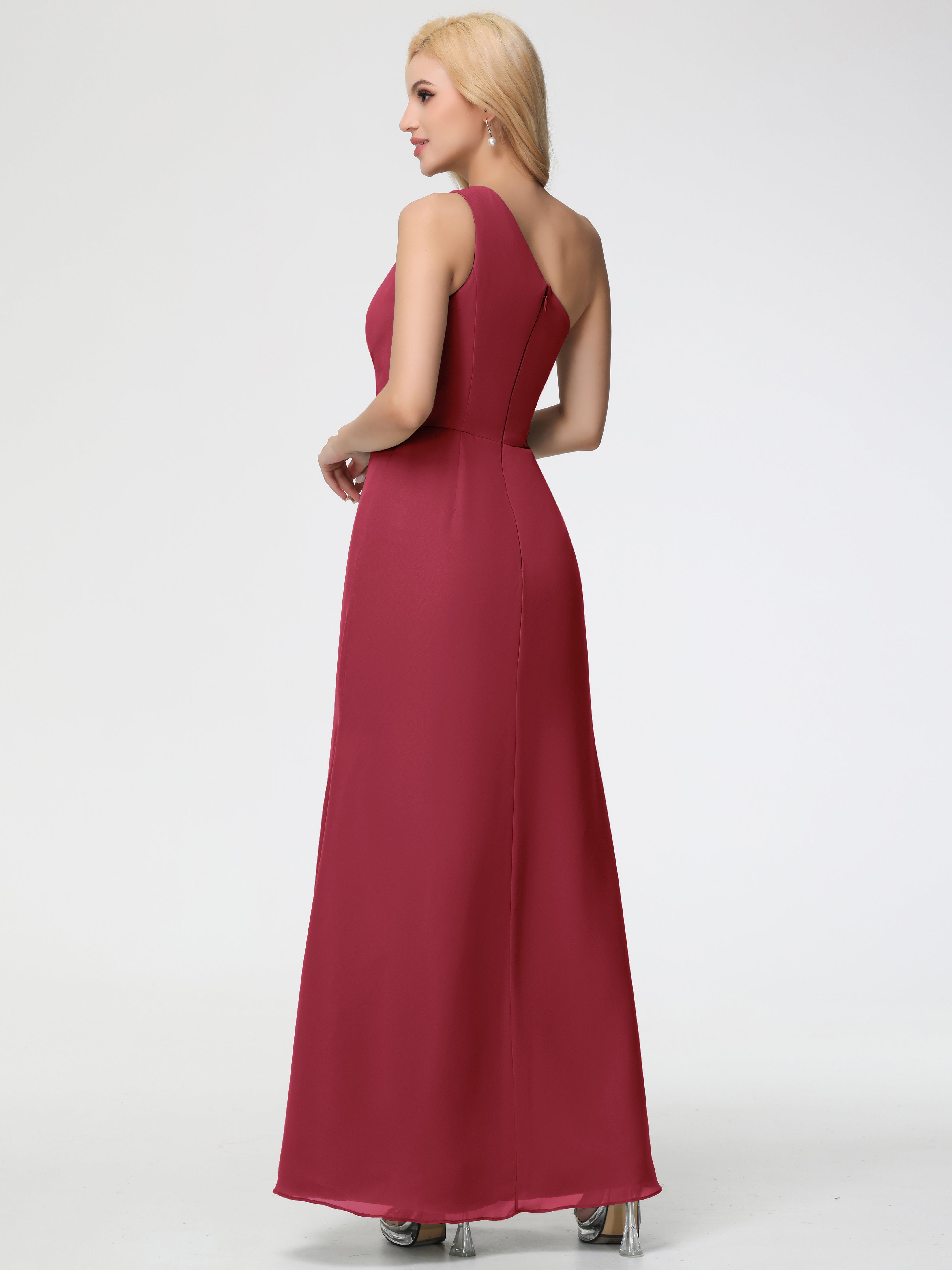 One Shoulder Sheath/Column Sleeveless Long Split Chiffon Bridesmaid Dresses