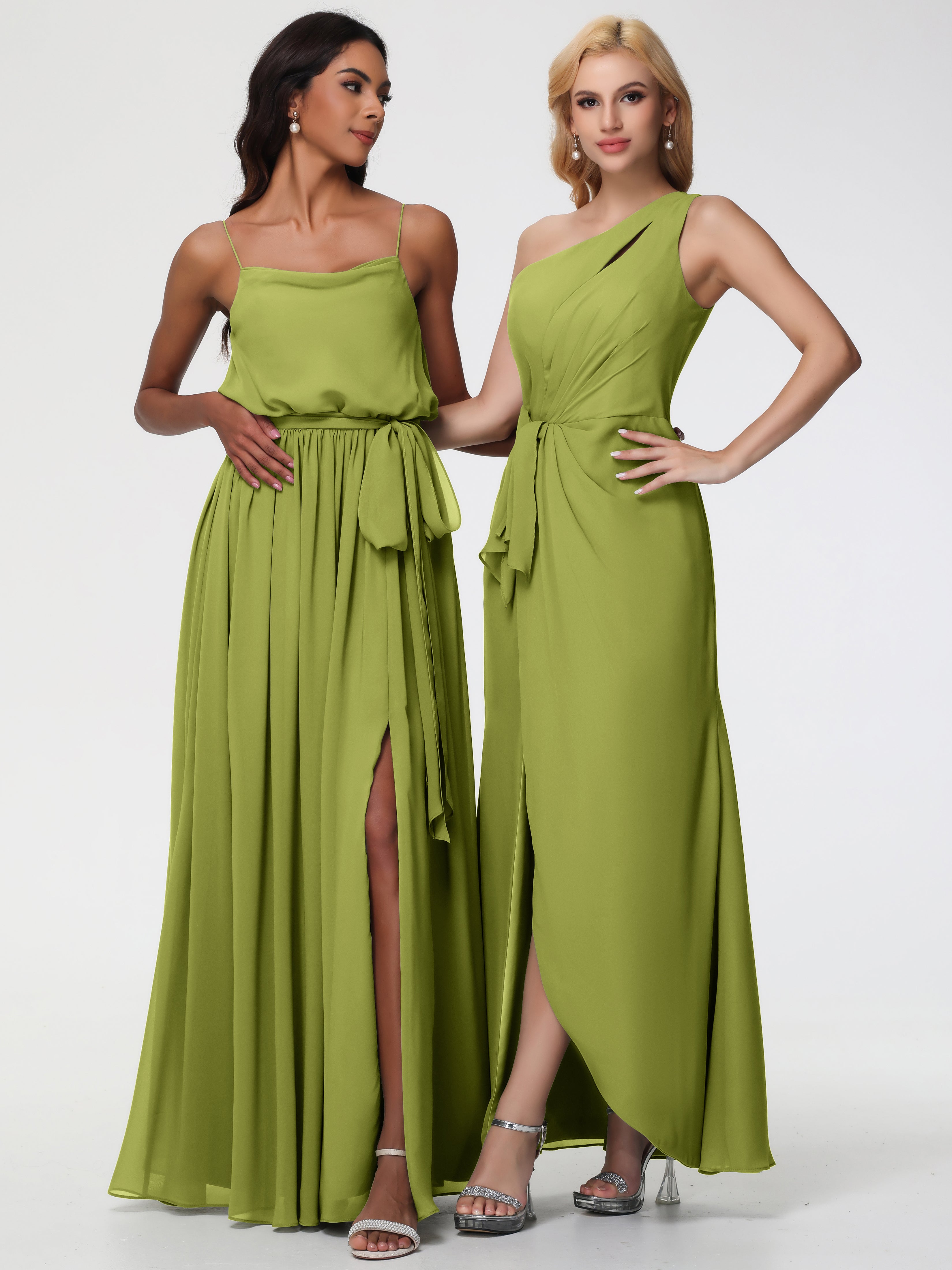 One Shoulder Sheath/Column Sleeveless Long Split Chiffon Bridesmaid Dresses