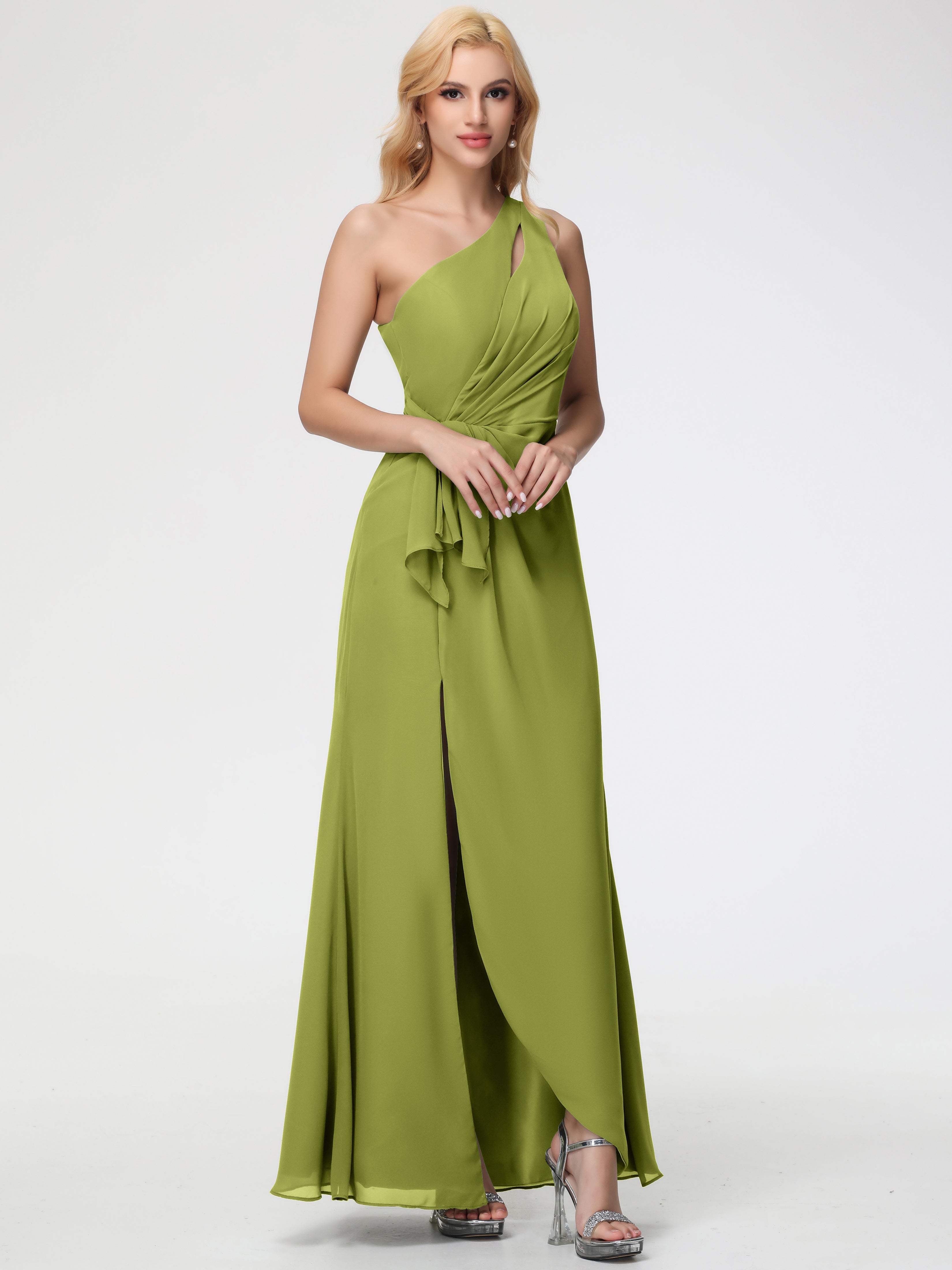 One Shoulder Sheath/Column Sleeveless Long Split Chiffon Bridesmaid Dresses