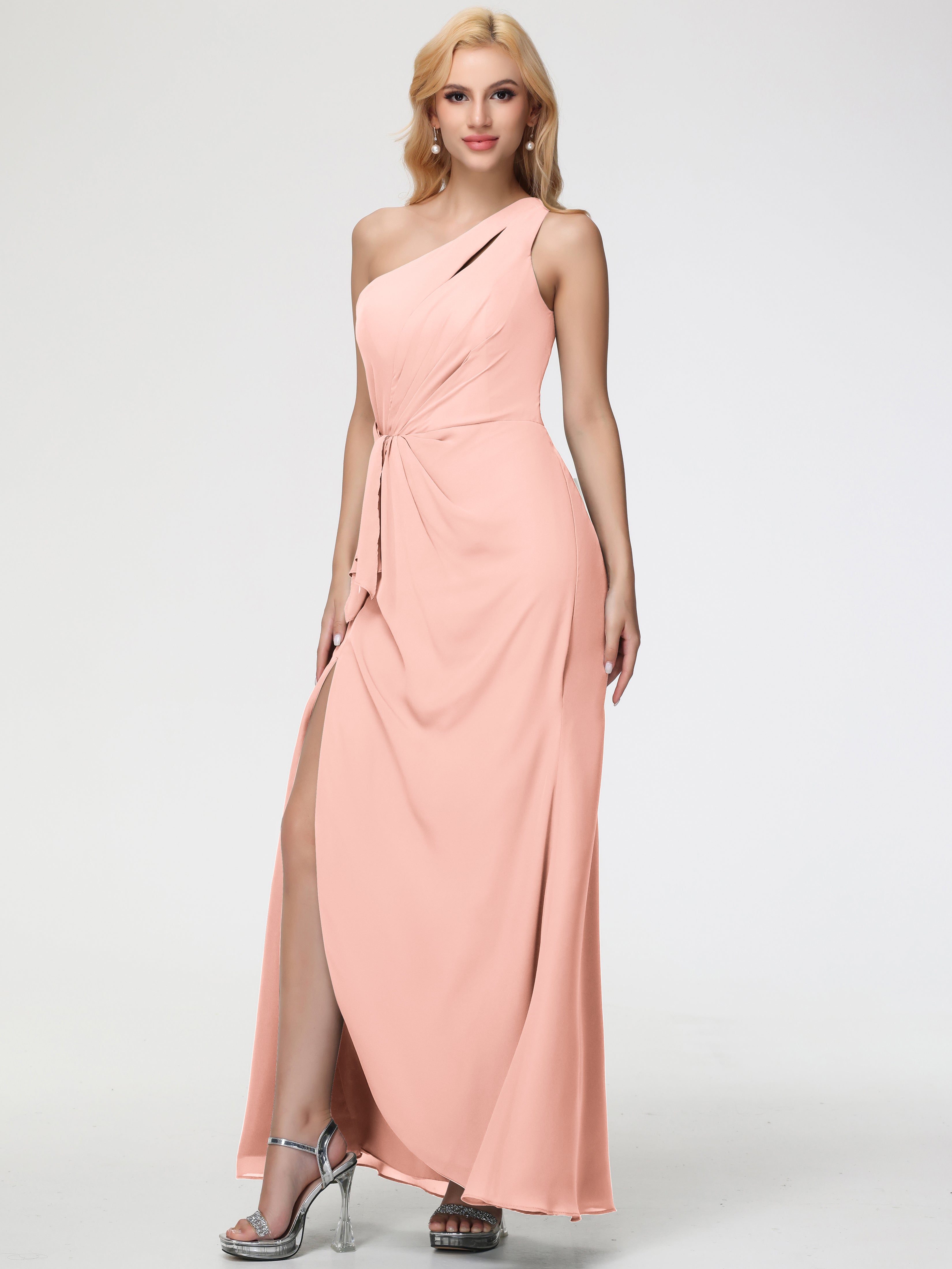 One Shoulder Sheath/Column Sleeveless Long Split Chiffon Bridesmaid Dresses