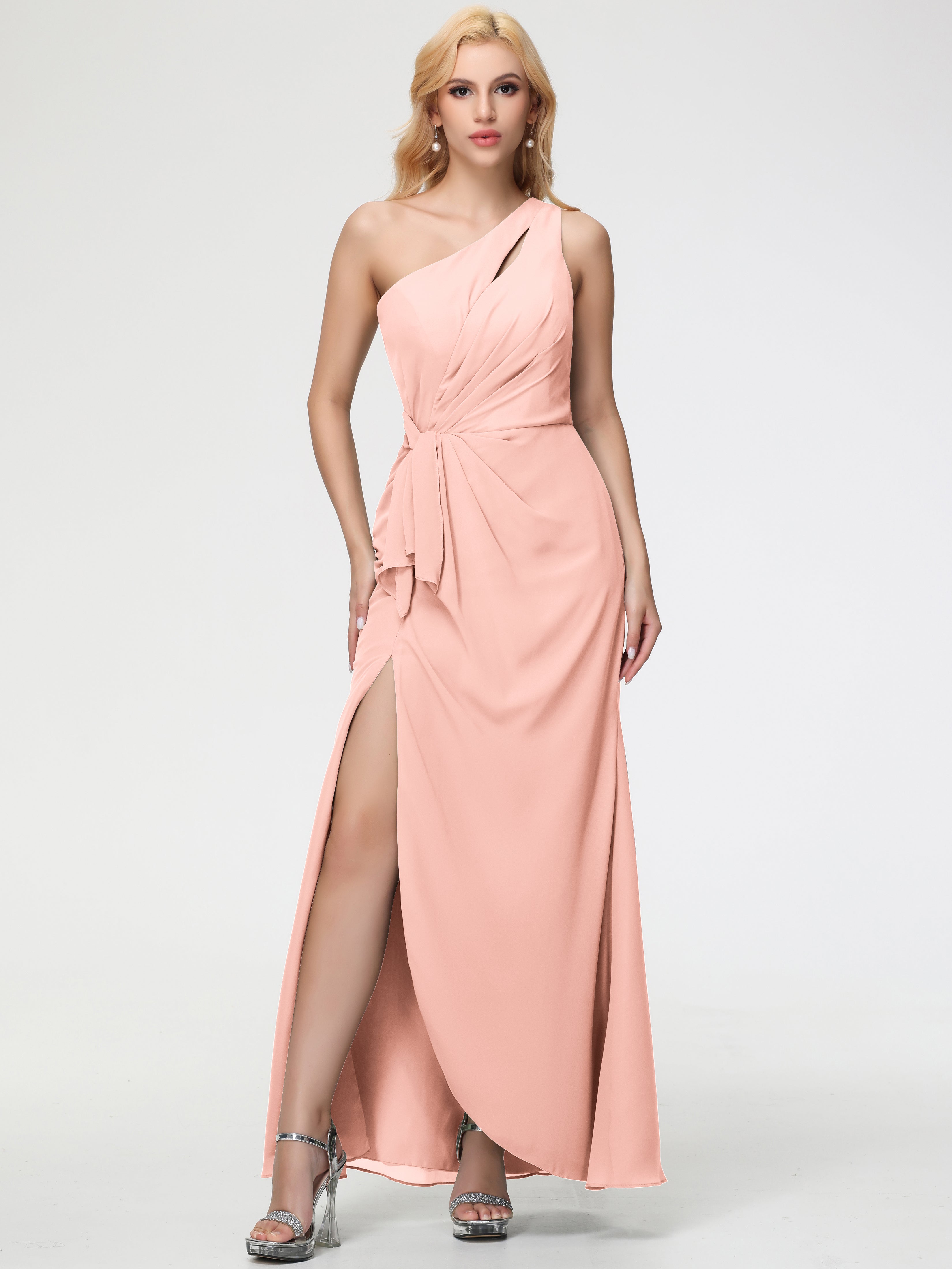 One Shoulder Sheath/Column Sleeveless Long Split Chiffon Bridesmaid Dresses