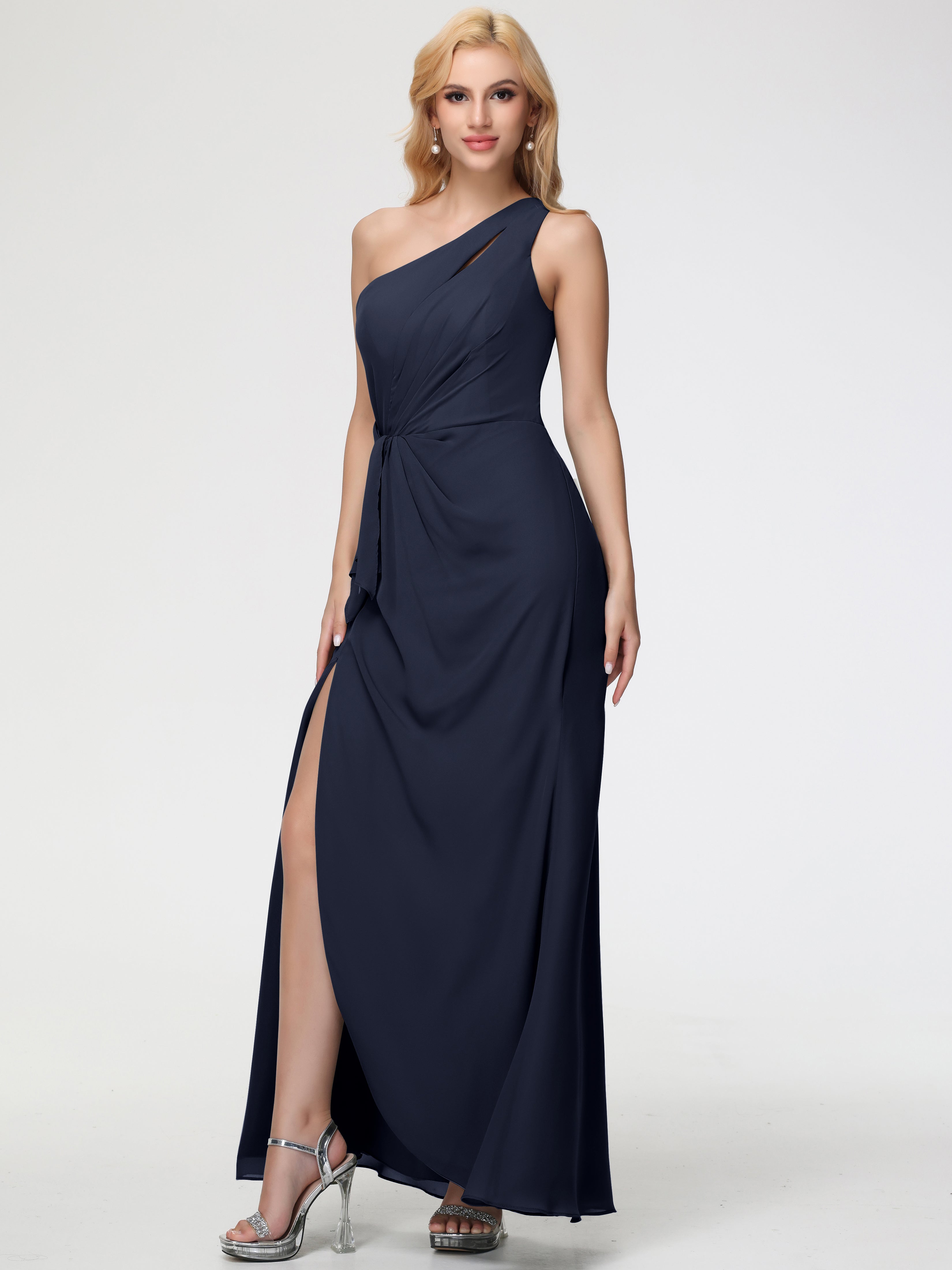 One Shoulder Sheath/Column Sleeveless Long Split Chiffon Bridesmaid Dresses