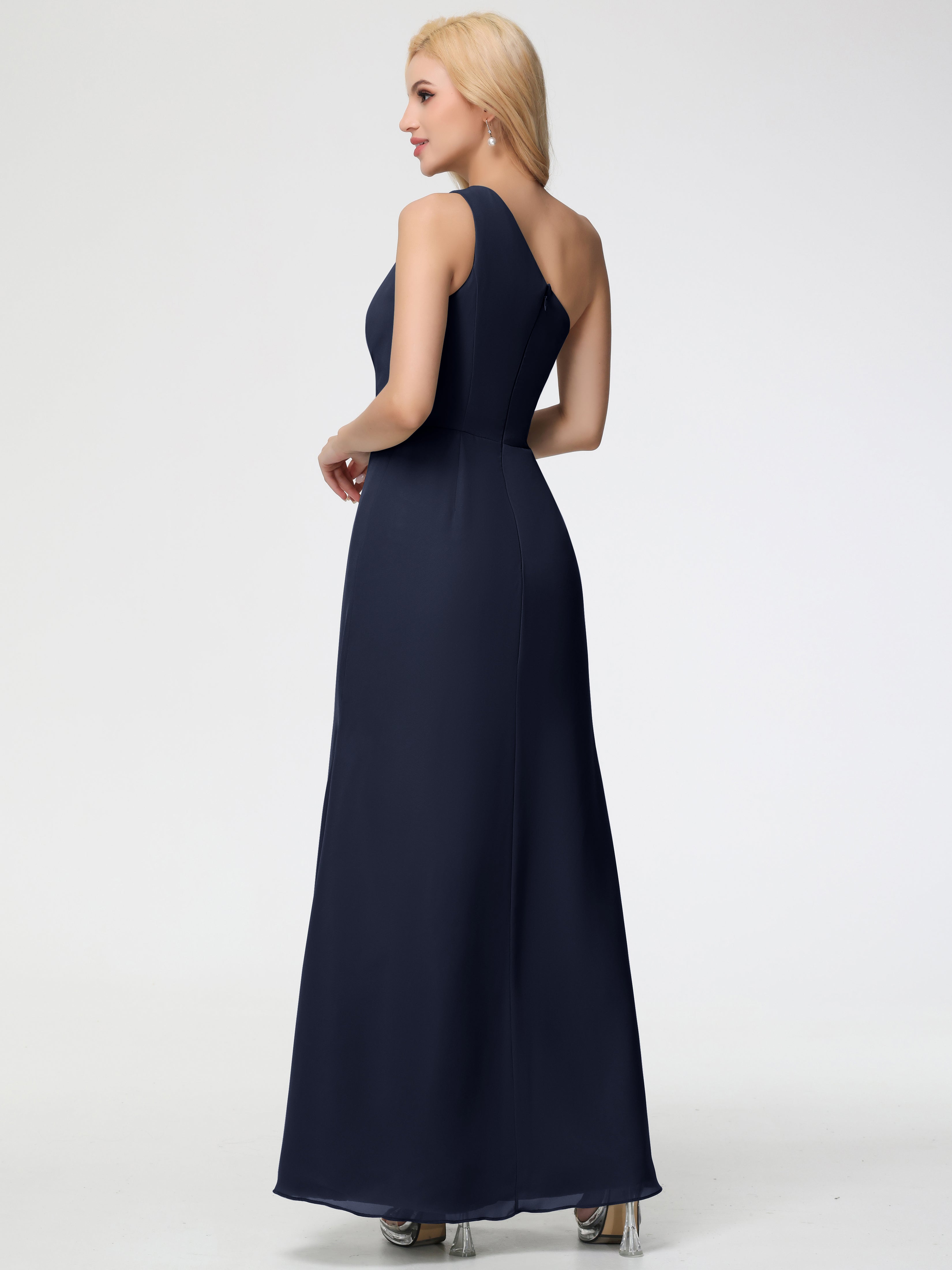 One Shoulder Sheath/Column Sleeveless Long Split Chiffon Bridesmaid Dresses