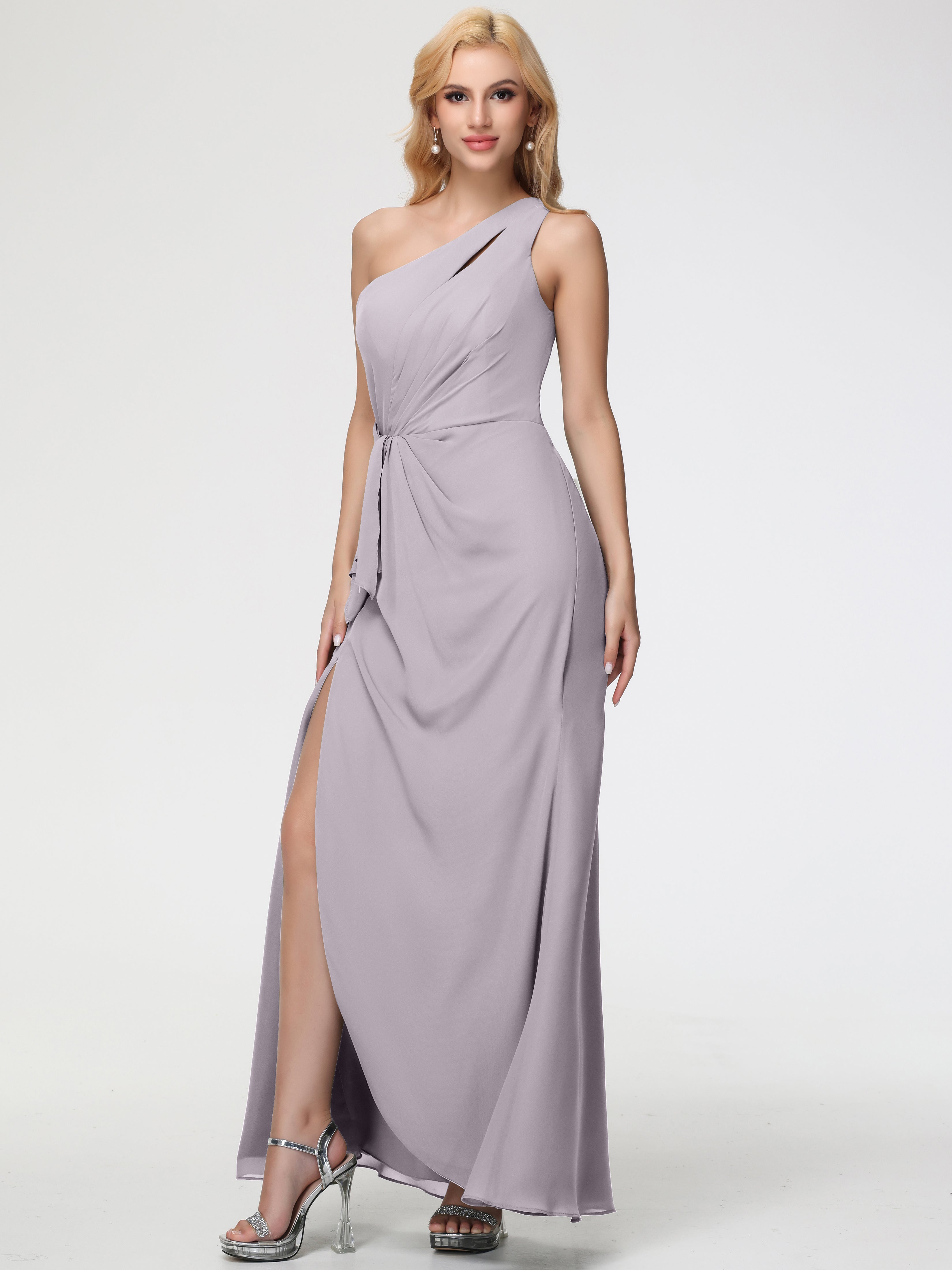 One Shoulder Sheath/Column Sleeveless Long Split Chiffon Bridesmaid Dresses