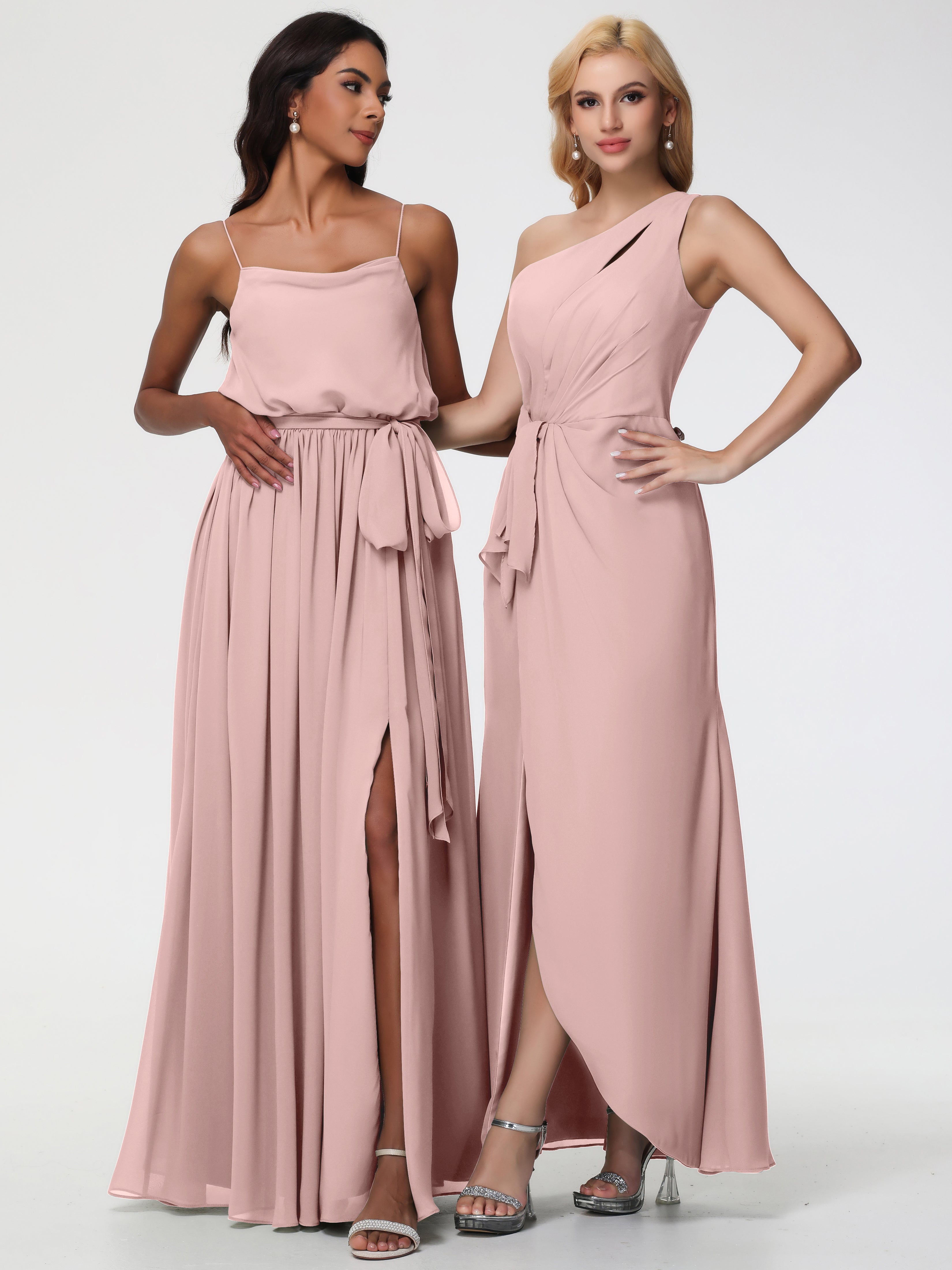 One Shoulder Sheath/Column Sleeveless Long Split Chiffon Bridesmaid Dresses