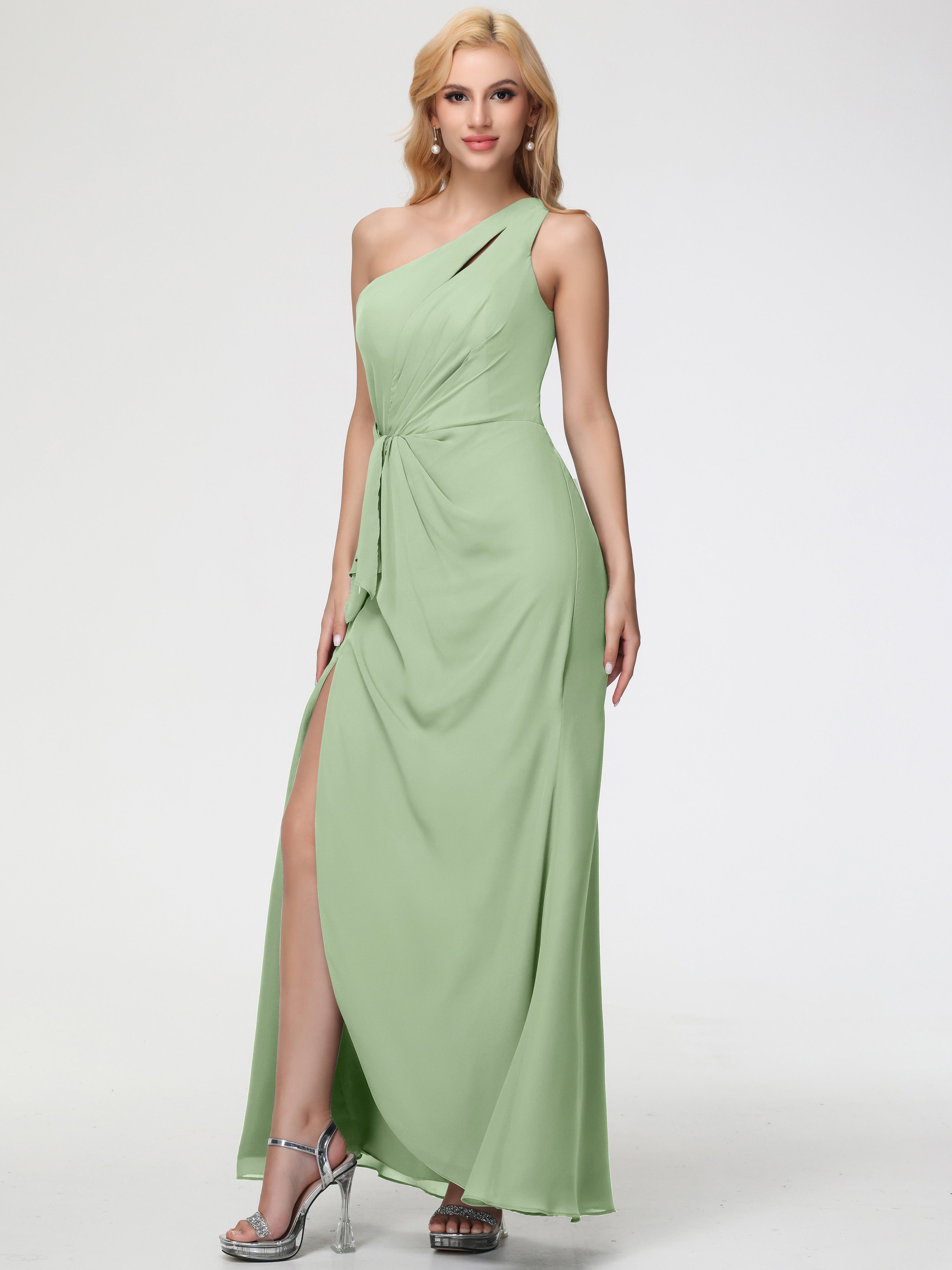 One Shoulder Sheath/Column Sleeveless Long Split Chiffon Bridesmaid Dresses