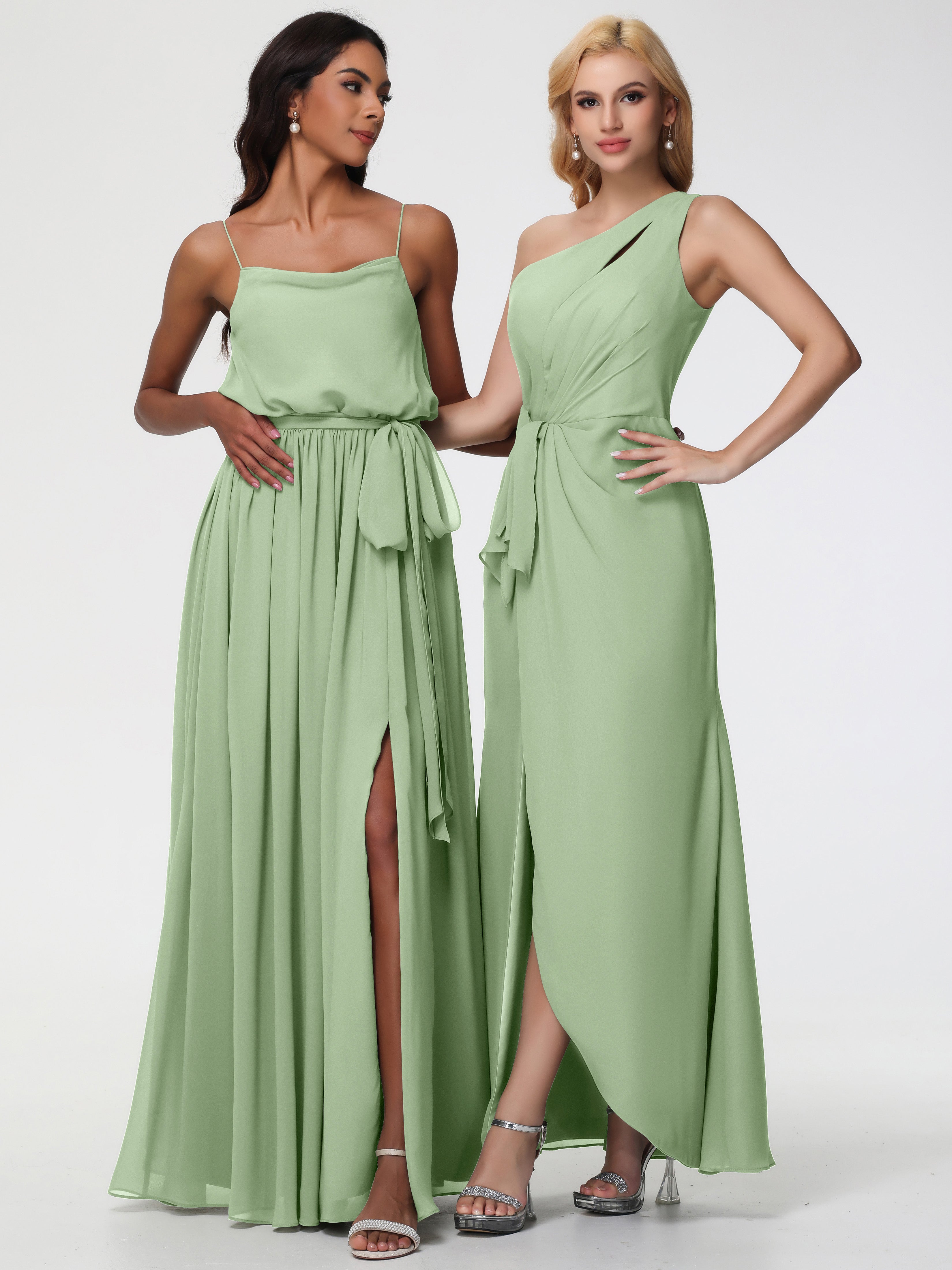 One Shoulder Sheath/Column Sleeveless Long Split Chiffon Bridesmaid Dresses