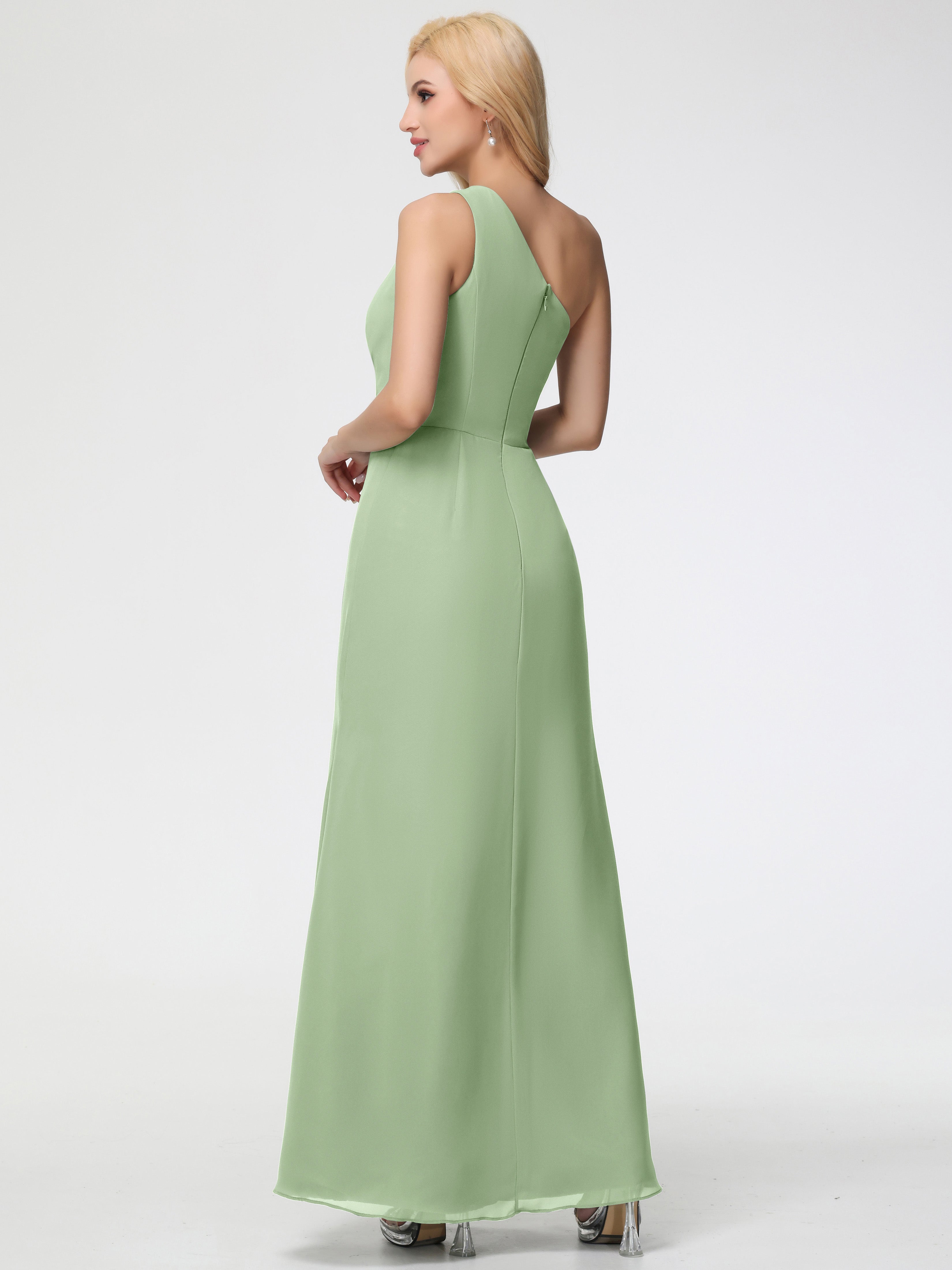 One Shoulder Sheath/Column Sleeveless Long Split Chiffon Bridesmaid Dresses