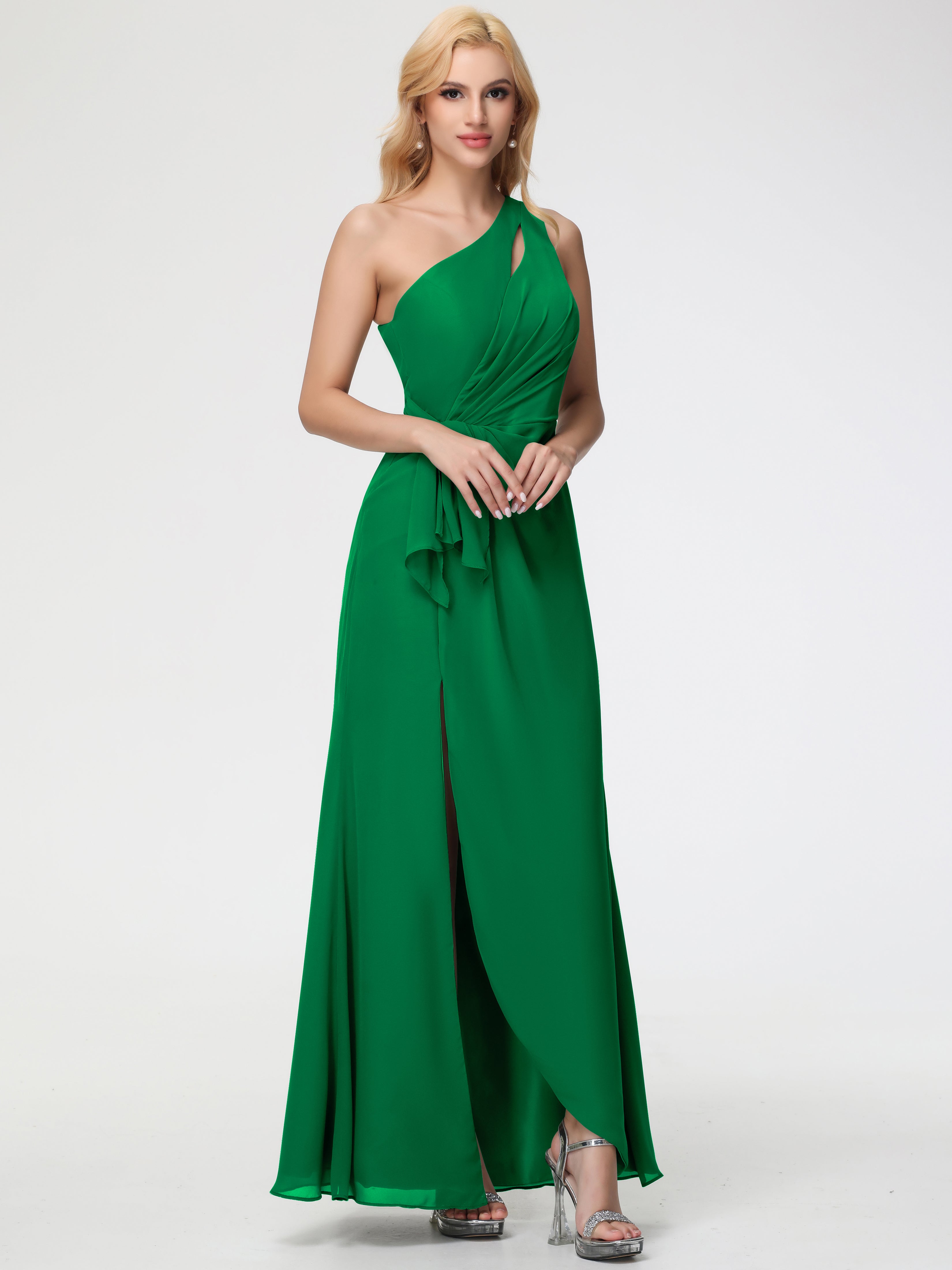 One Shoulder Sheath/Column Sleeveless Long Split Chiffon Bridesmaid Dresses