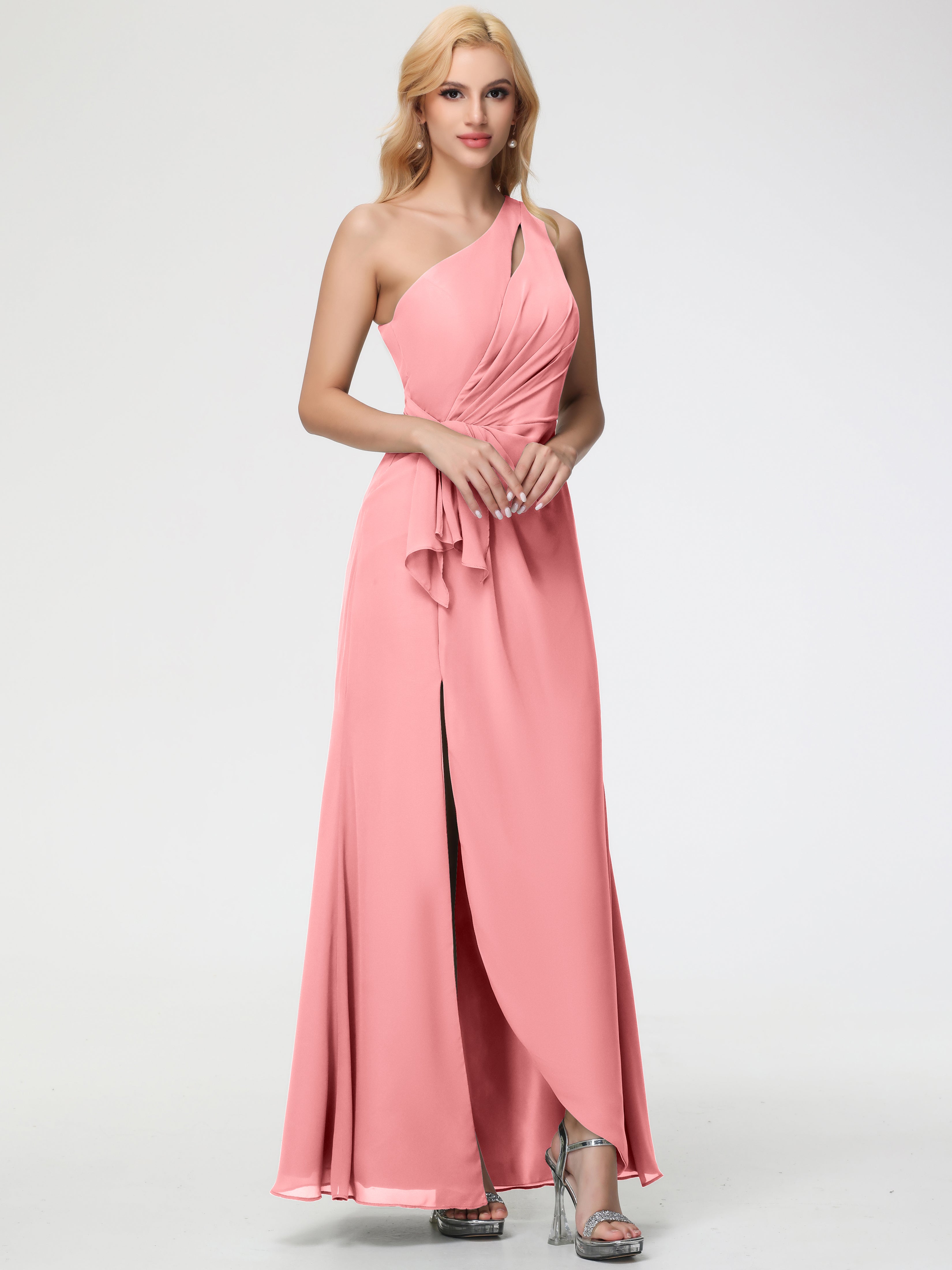 One Shoulder Sheath/Column Sleeveless Long Split Chiffon Bridesmaid Dresses