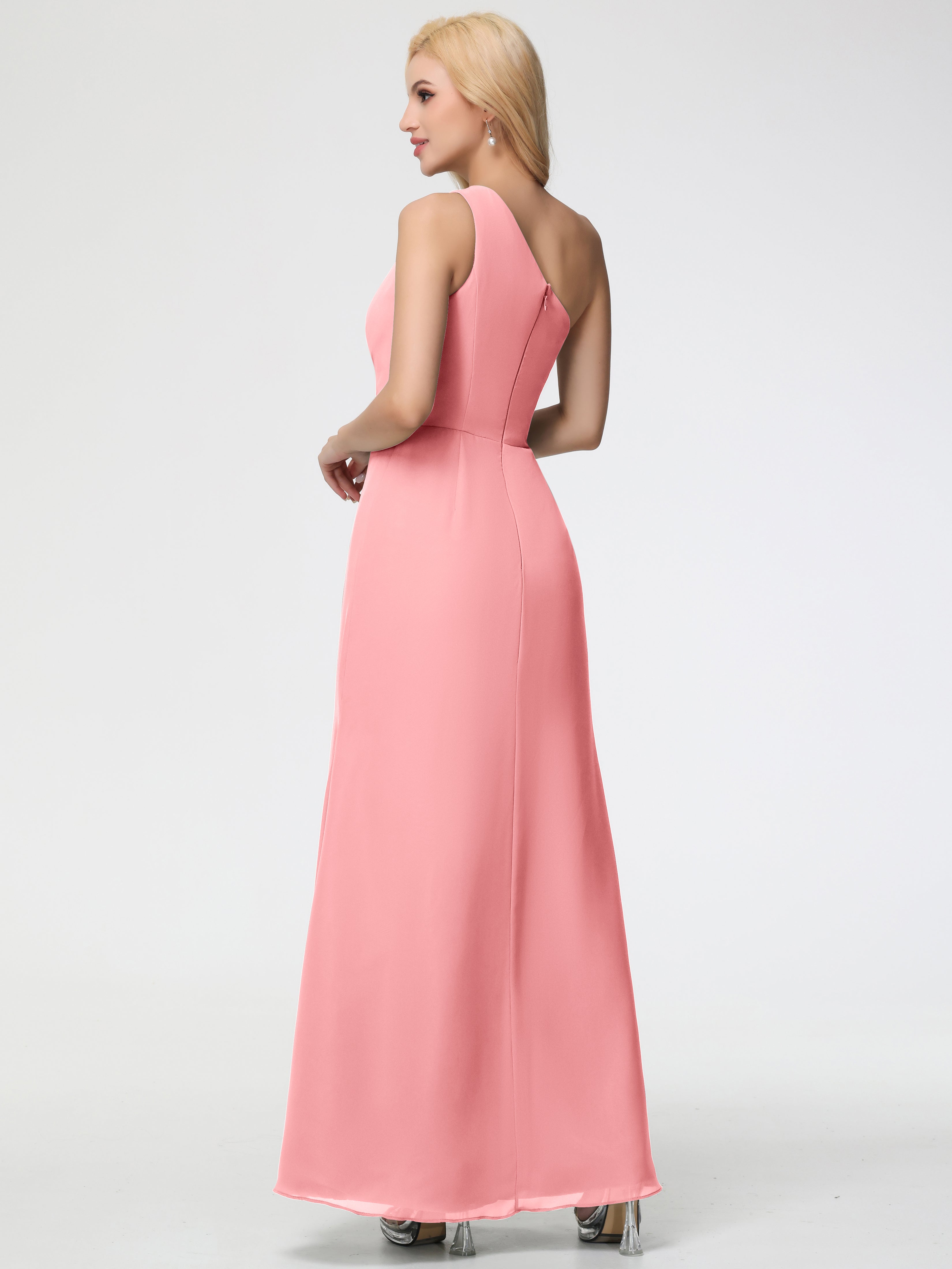 One Shoulder Sheath/Column Sleeveless Long Split Chiffon Bridesmaid Dresses