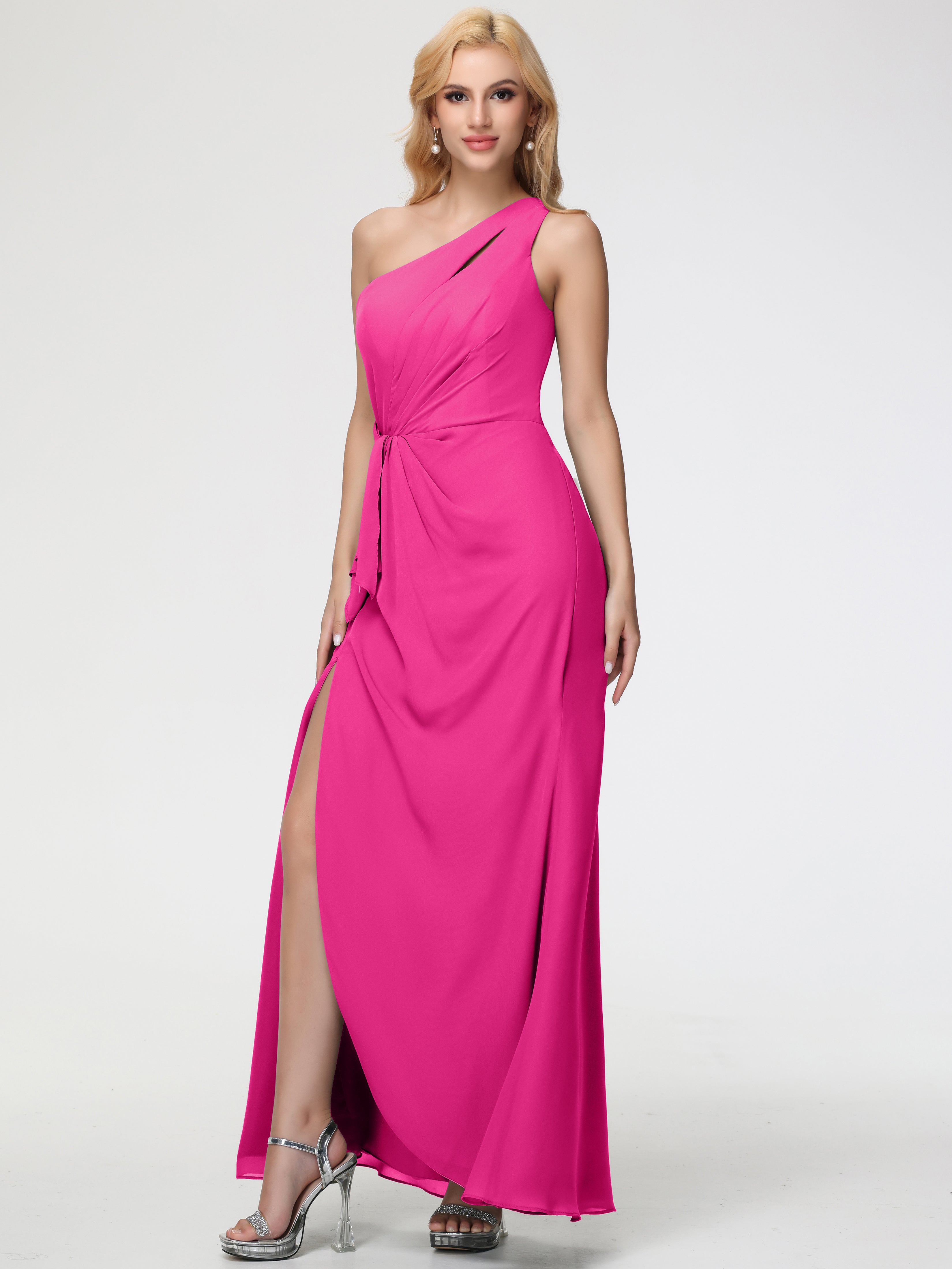 One Shoulder Sheath/Column Sleeveless Long Split Chiffon Bridesmaid Dresses