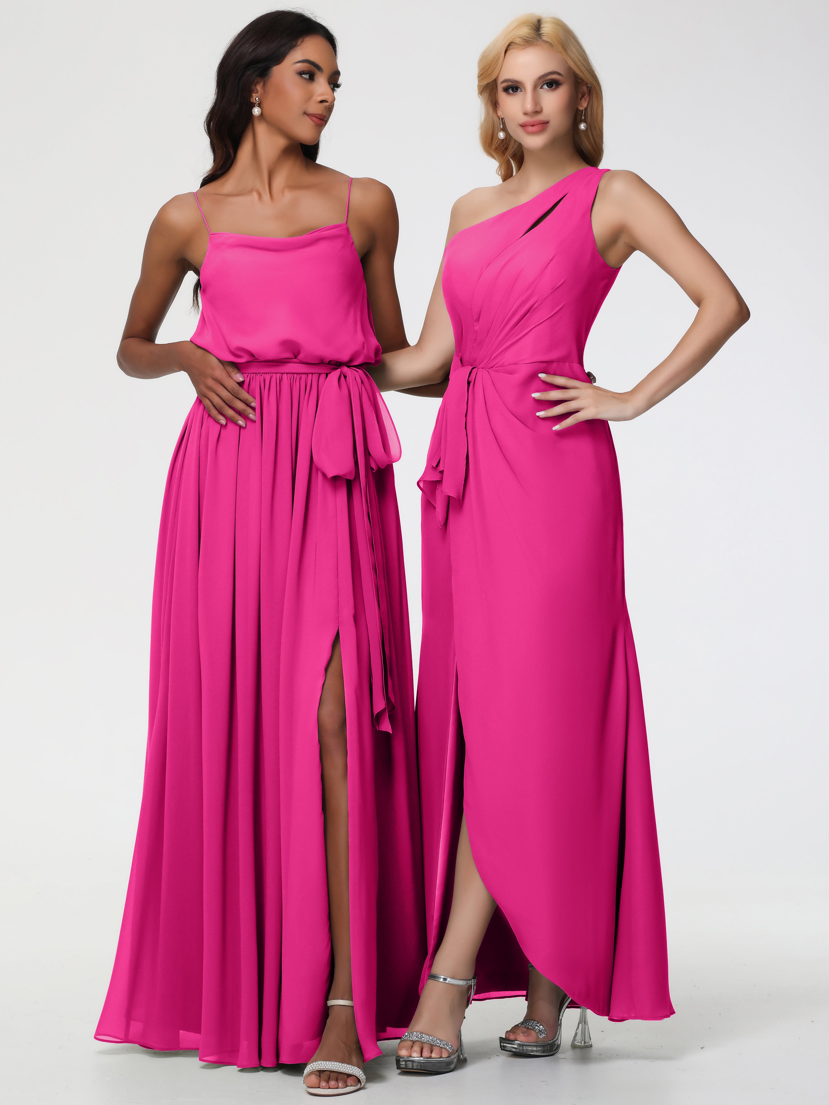 One Shoulder Sheath/Column Sleeveless Long Split Chiffon Bridesmaid Dresses