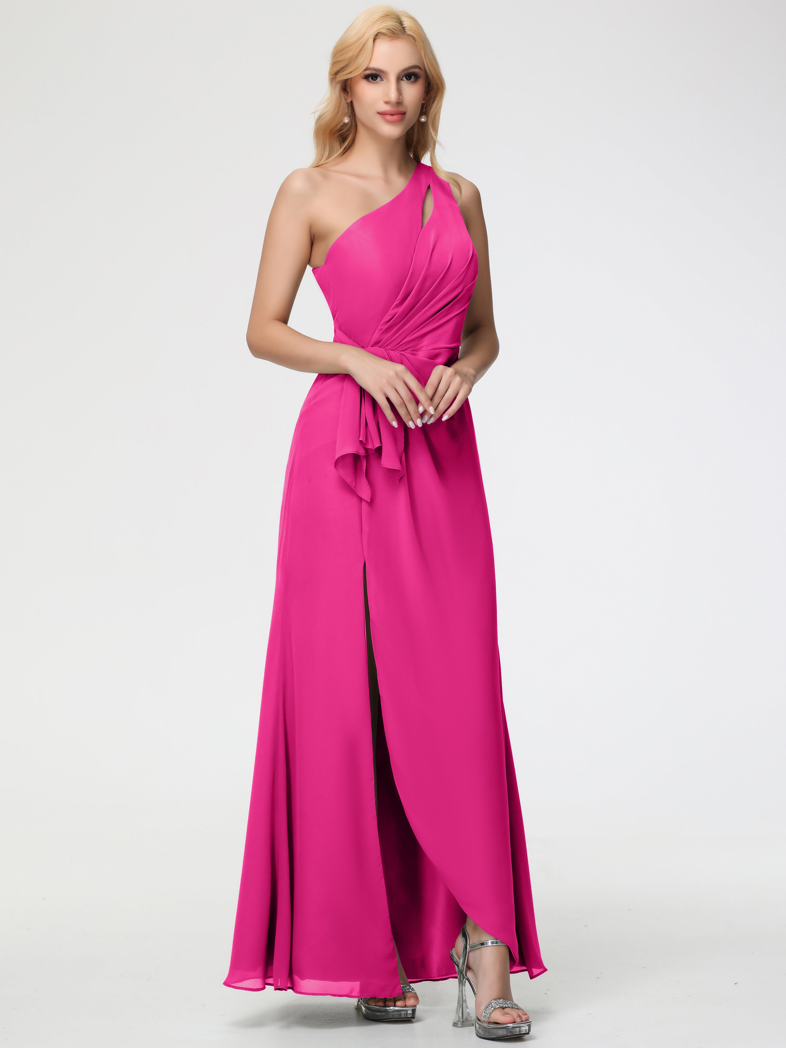 One Shoulder Sheath/Column Sleeveless Long Split Chiffon Bridesmaid Dresses