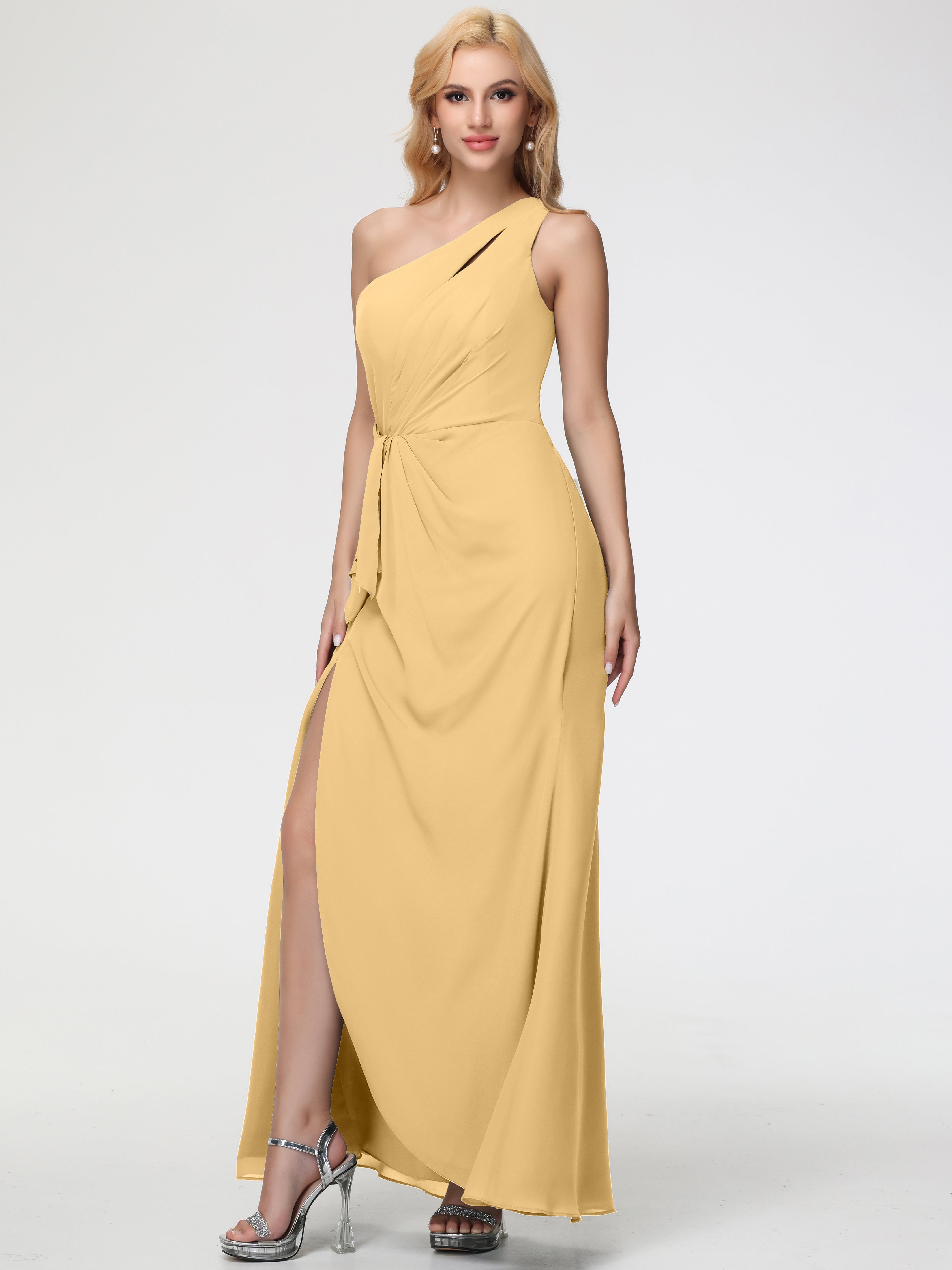 One Shoulder Sheath/Column Sleeveless Long Split Chiffon Bridesmaid Dresses