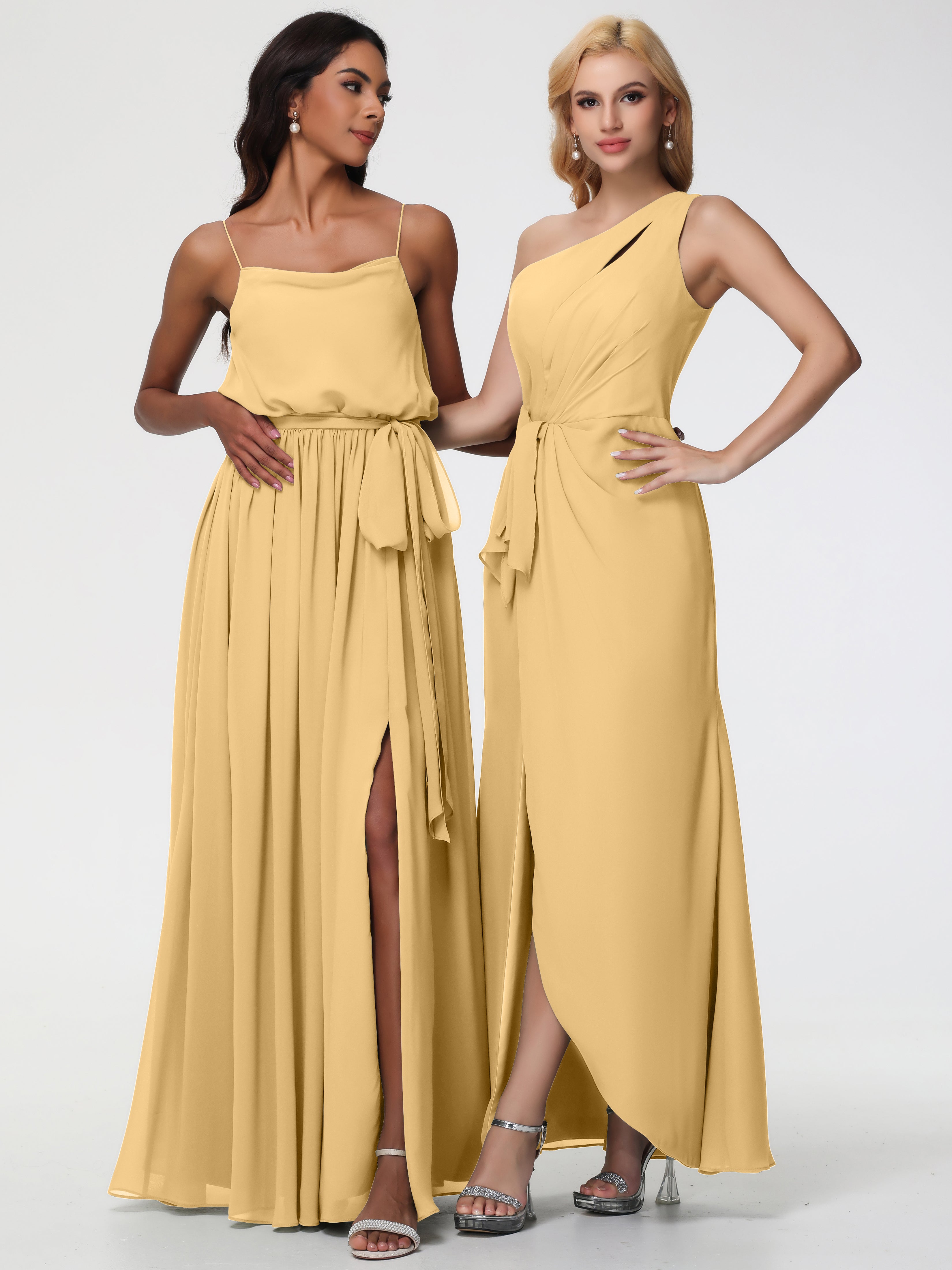One Shoulder Sheath/Column Sleeveless Long Split Chiffon Bridesmaid Dresses