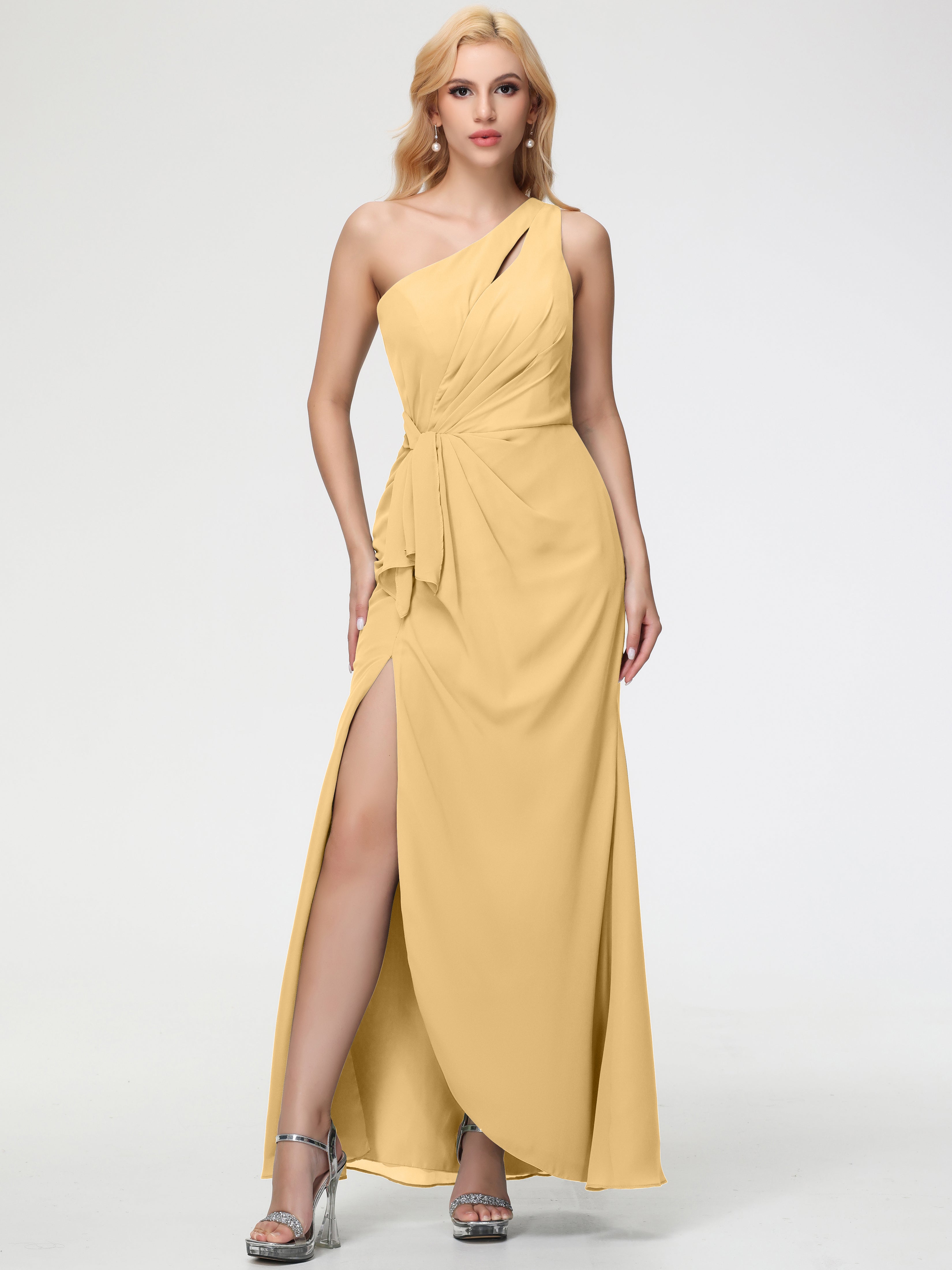 One Shoulder Sheath/Column Sleeveless Long Split Chiffon Bridesmaid Dresses