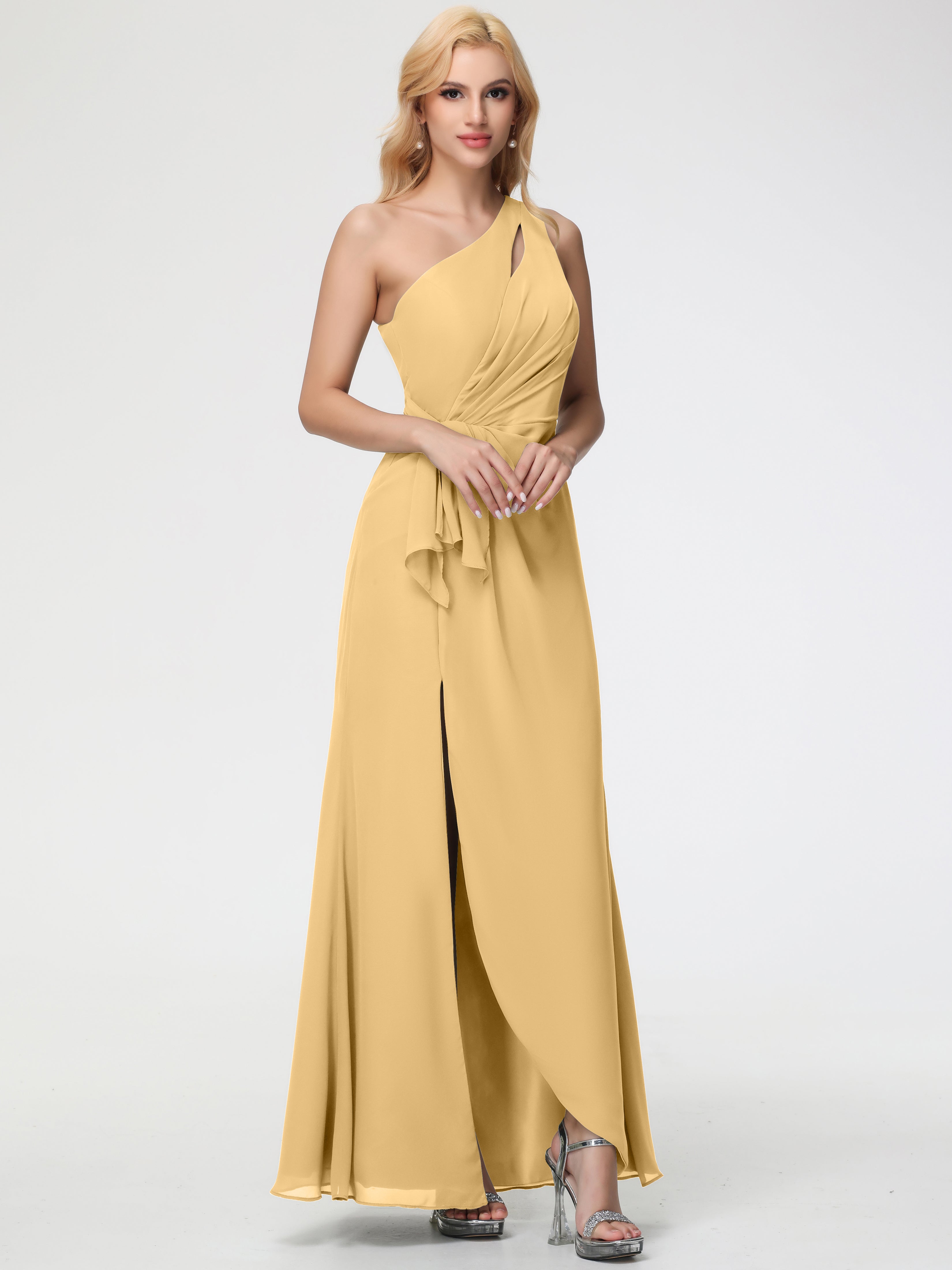 One Shoulder Sheath/Column Sleeveless Long Split Chiffon Bridesmaid Dresses
