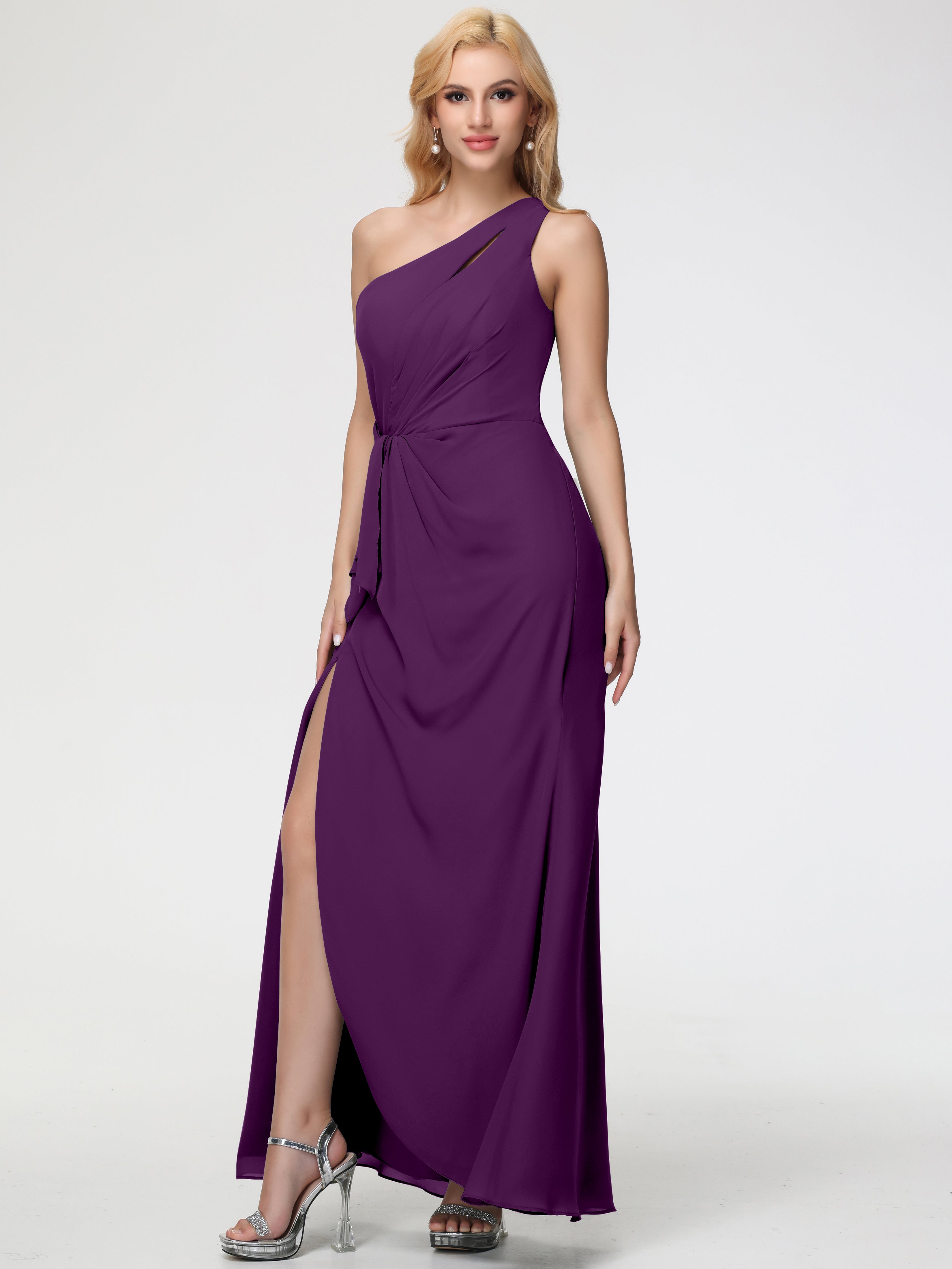 One Shoulder Sheath/Column Sleeveless Long Split Chiffon Bridesmaid Dresses