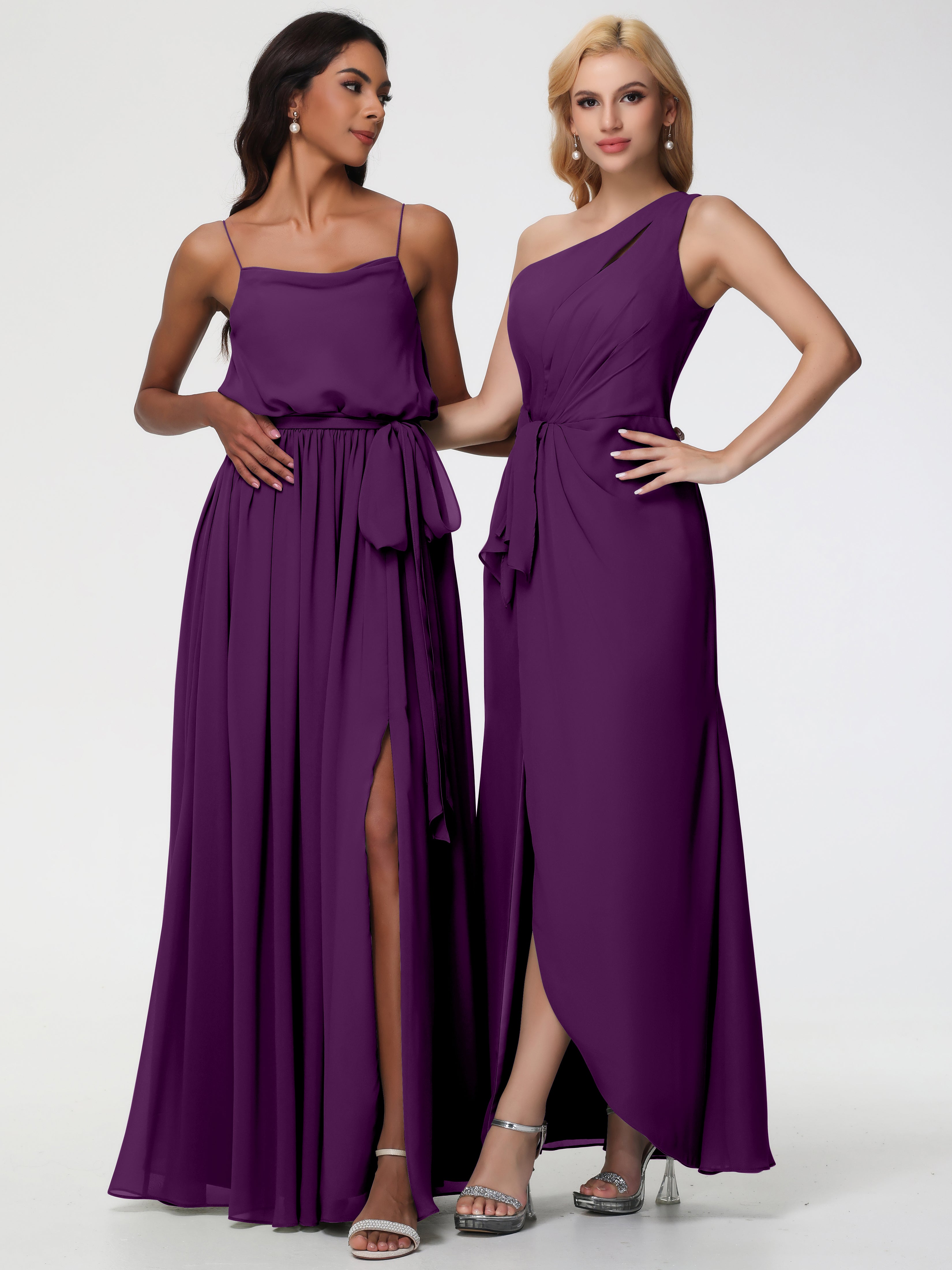 One Shoulder Sheath/Column Sleeveless Long Split Chiffon Bridesmaid Dresses