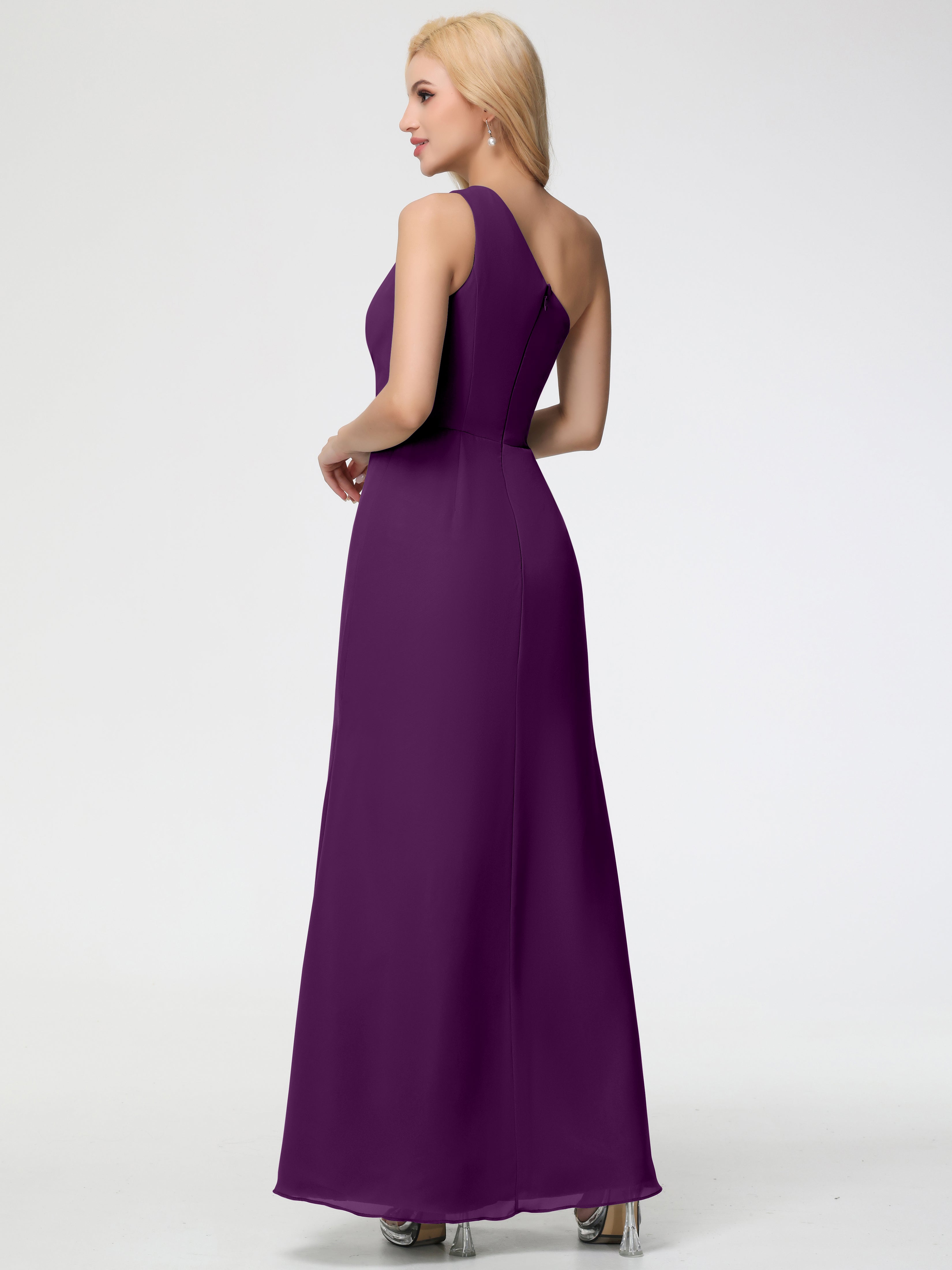 One Shoulder Sheath/Column Sleeveless Long Split Chiffon Bridesmaid Dresses