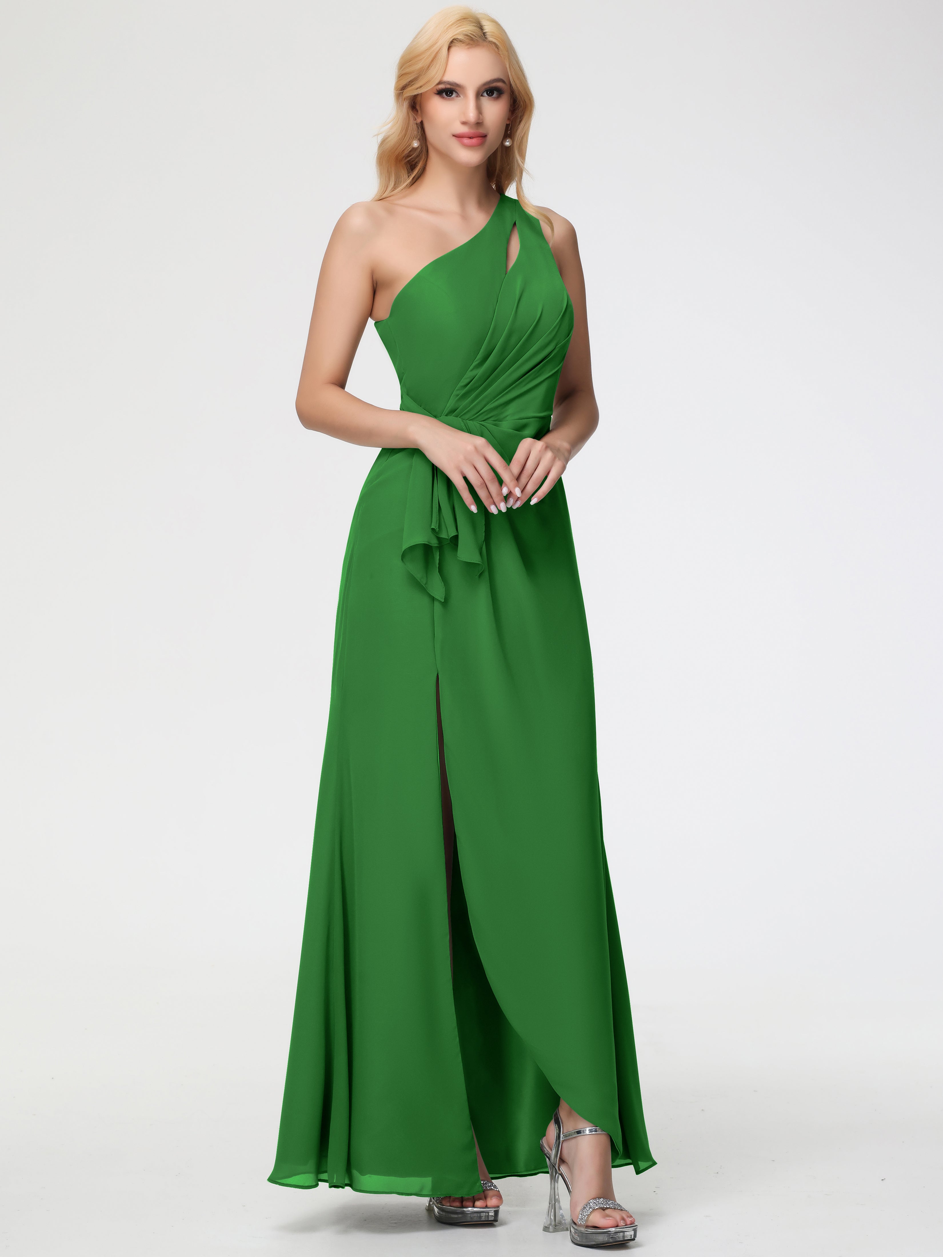 One Shoulder Sheath/Column Sleeveless Long Split Chiffon Bridesmaid Dresses
