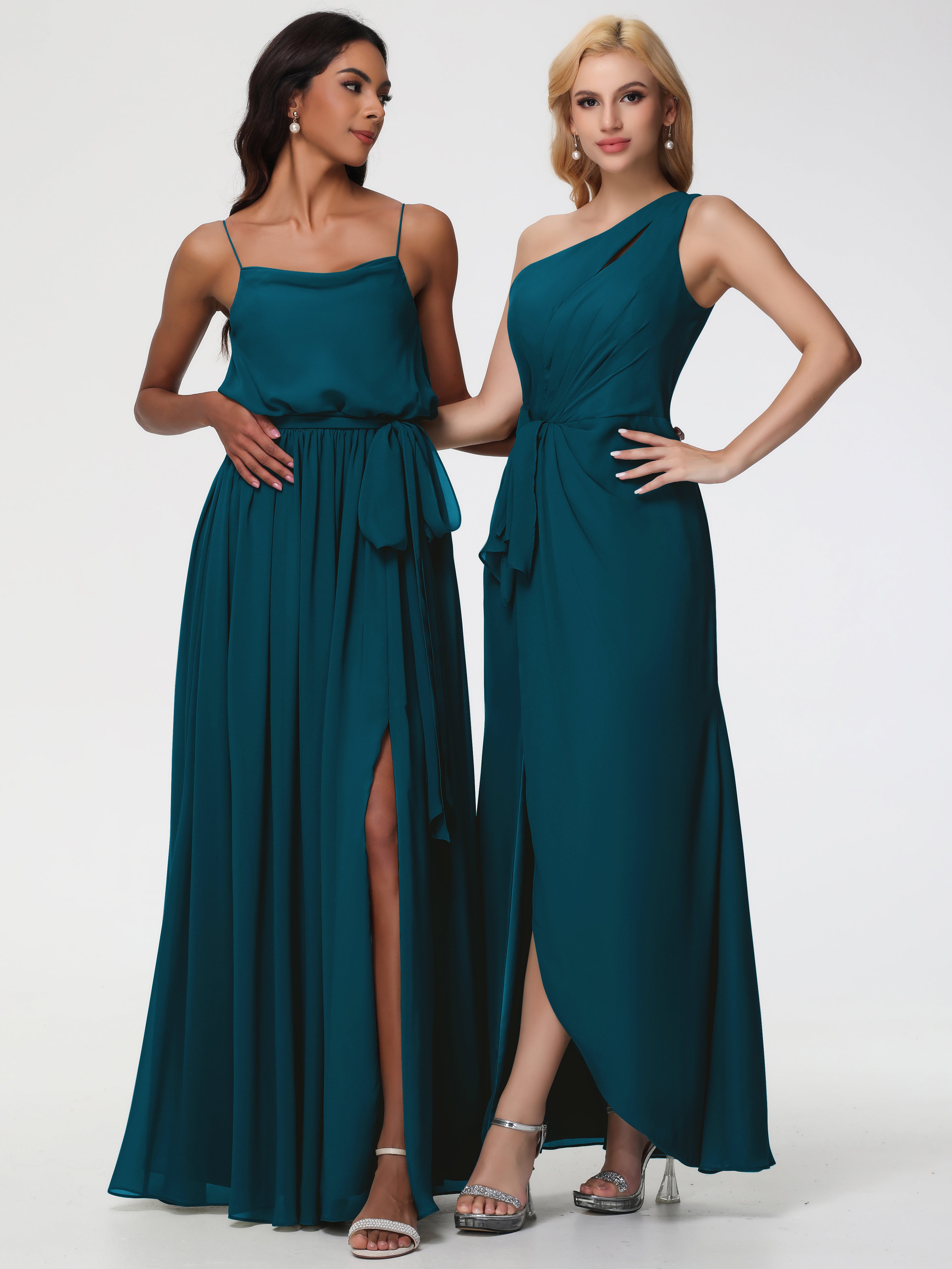 One Shoulder Sheath/Column Sleeveless Long Split Chiffon Bridesmaid Dresses