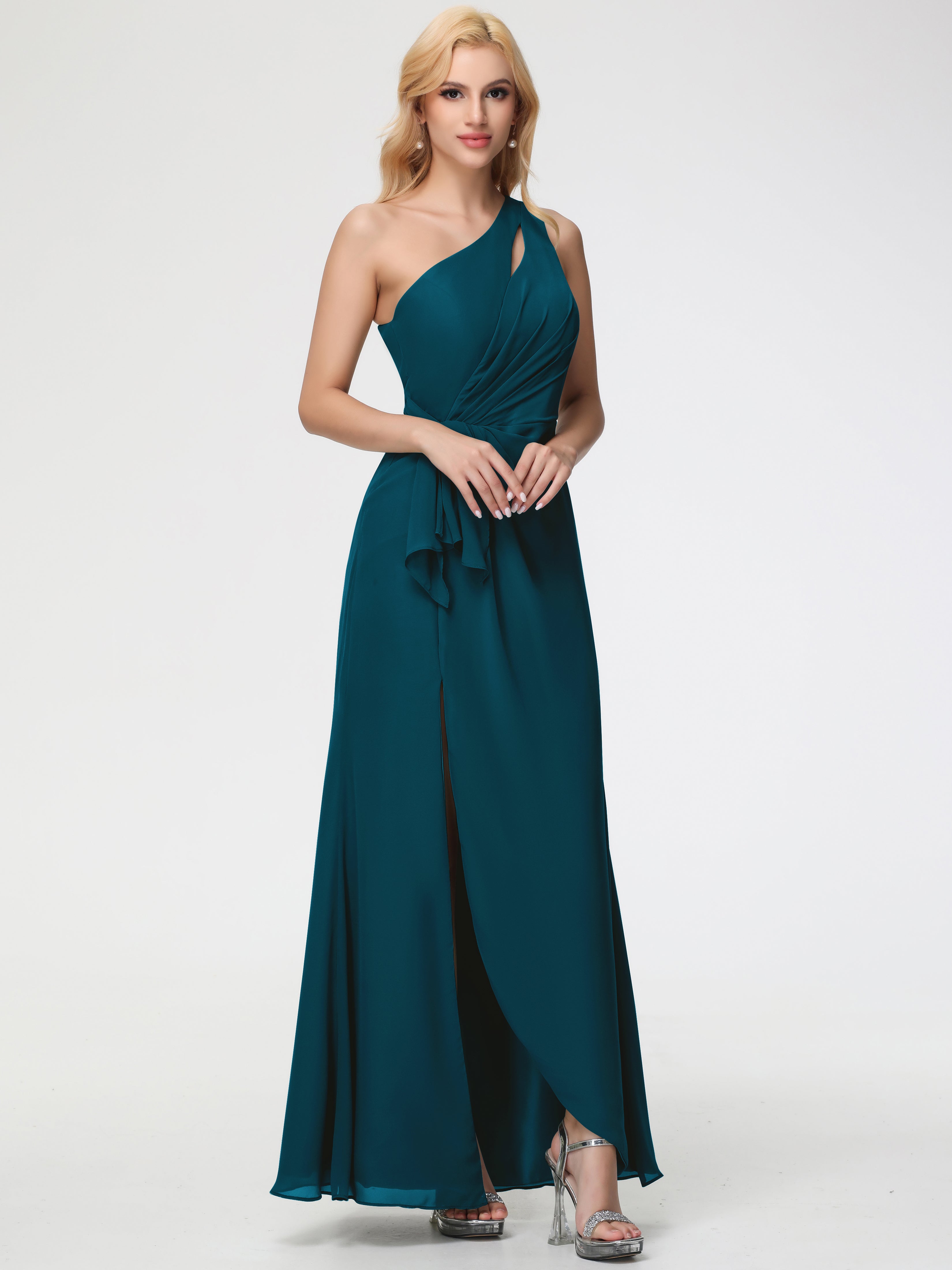 One Shoulder Sheath/Column Sleeveless Long Split Chiffon Bridesmaid Dresses