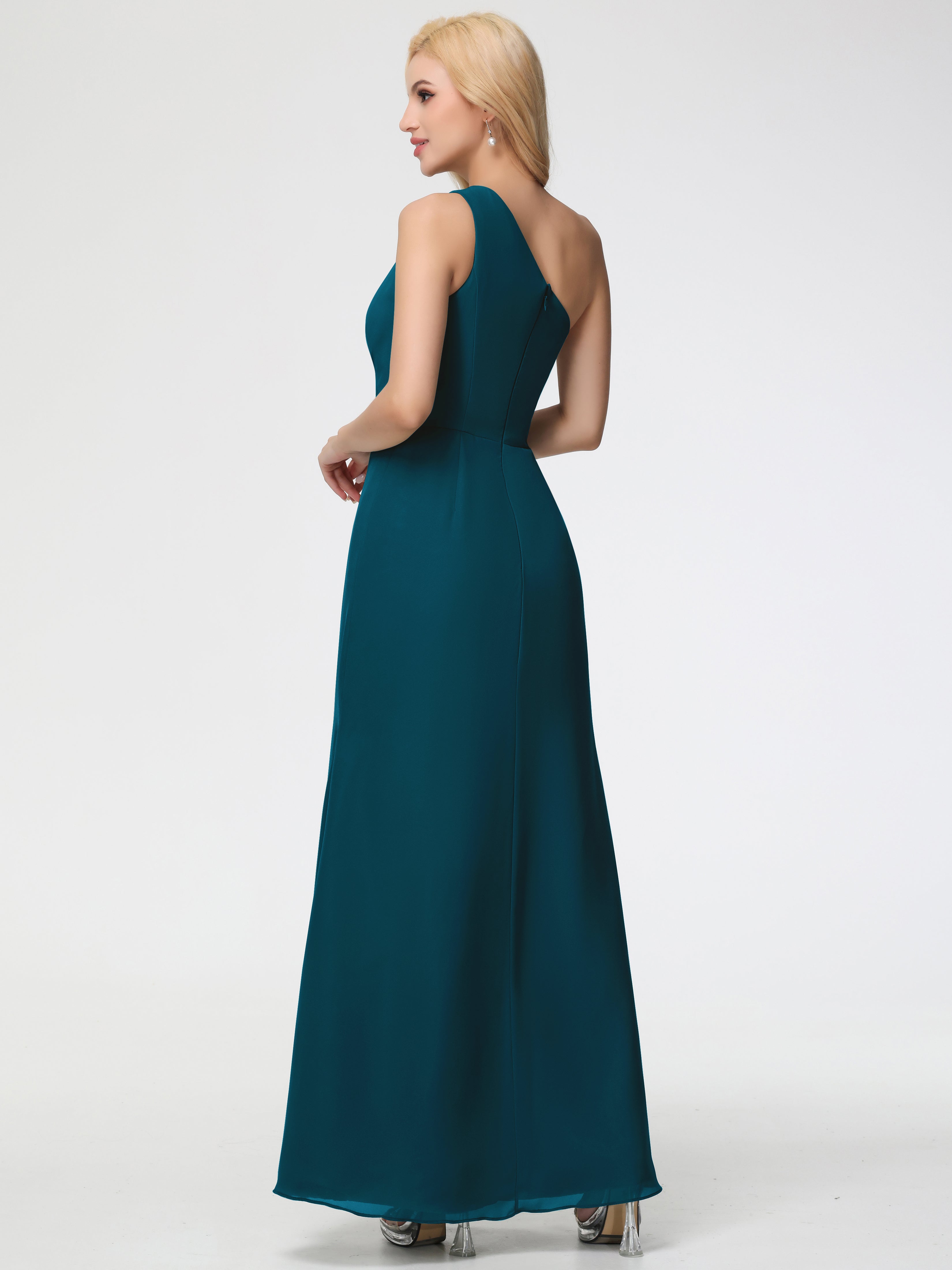 One Shoulder Sheath/Column Sleeveless Long Split Chiffon Bridesmaid Dresses