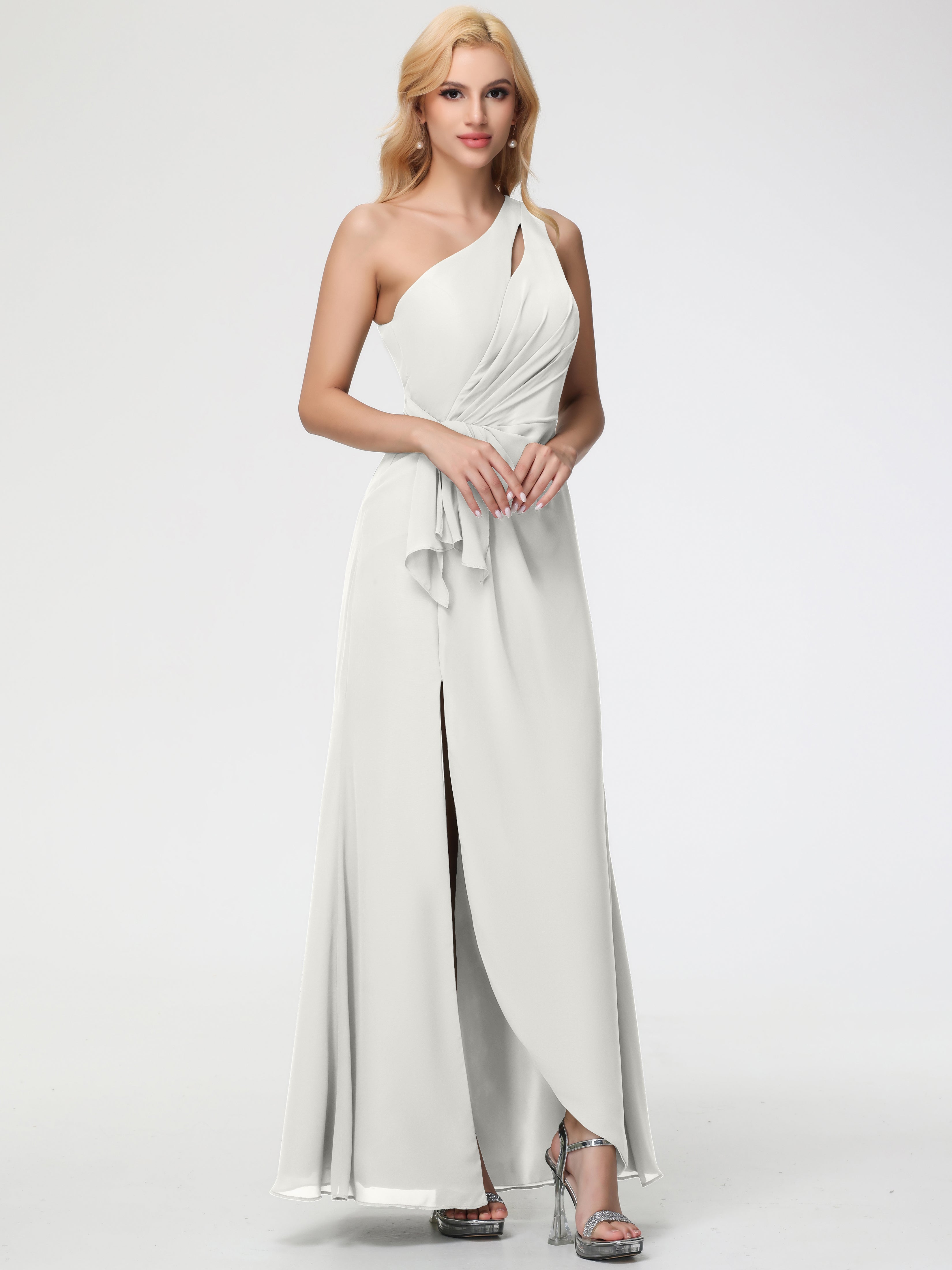 One Shoulder Sheath/Column Sleeveless Long Split Chiffon Bridesmaid Dresses