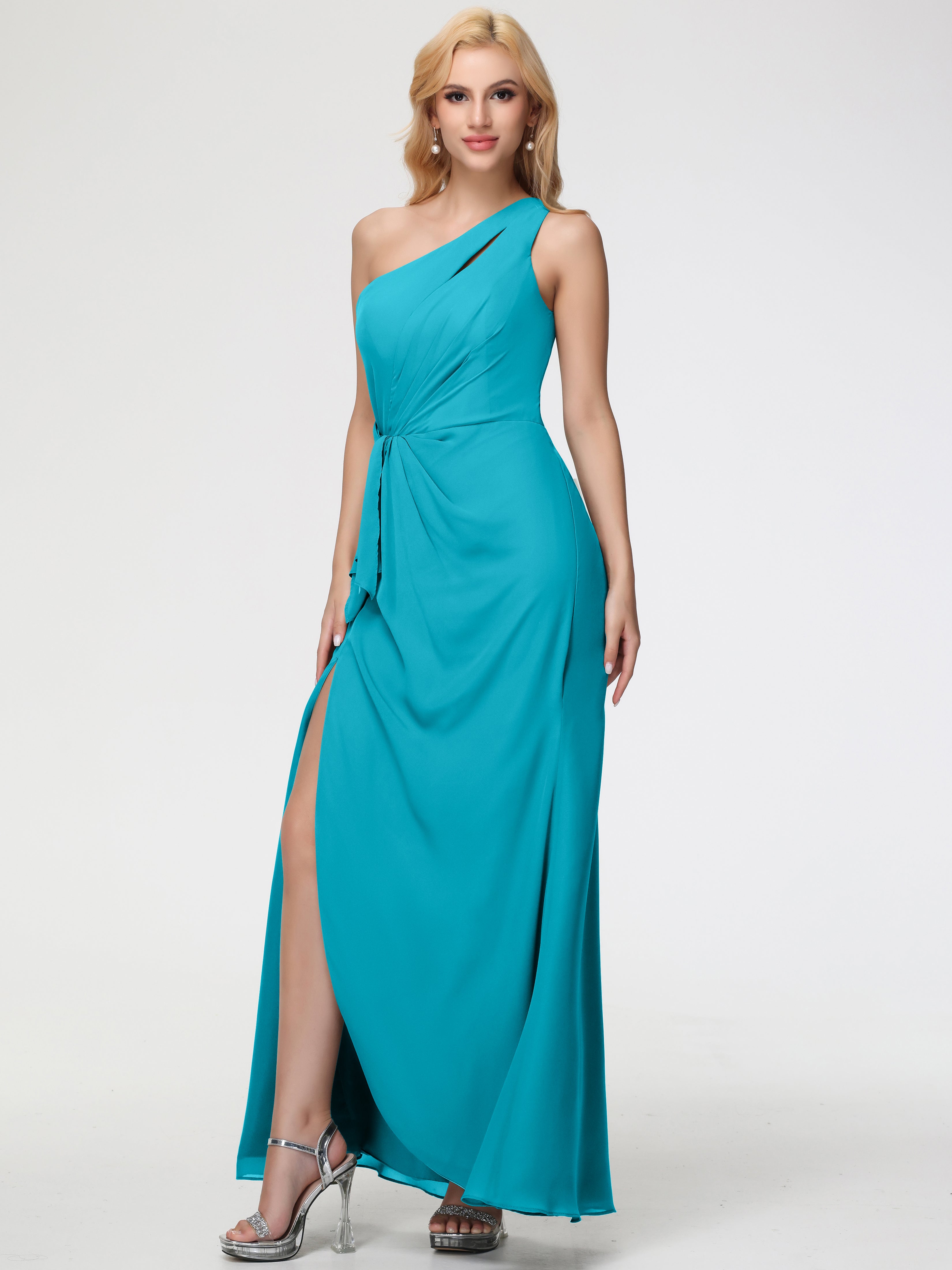 One Shoulder Sheath/Column Sleeveless Long Split Chiffon Bridesmaid Dresses