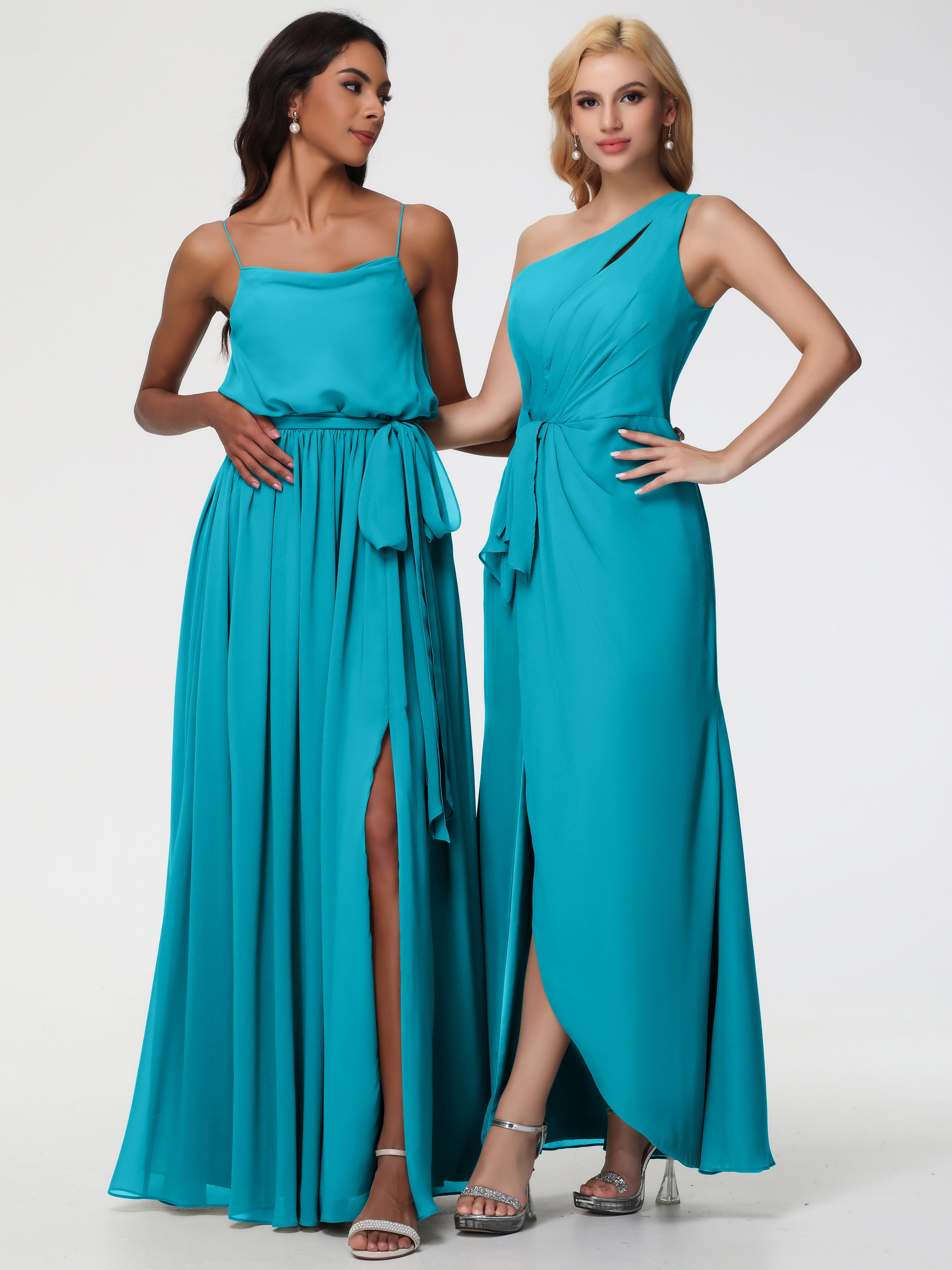 One Shoulder Sheath/Column Sleeveless Long Split Chiffon Bridesmaid Dresses