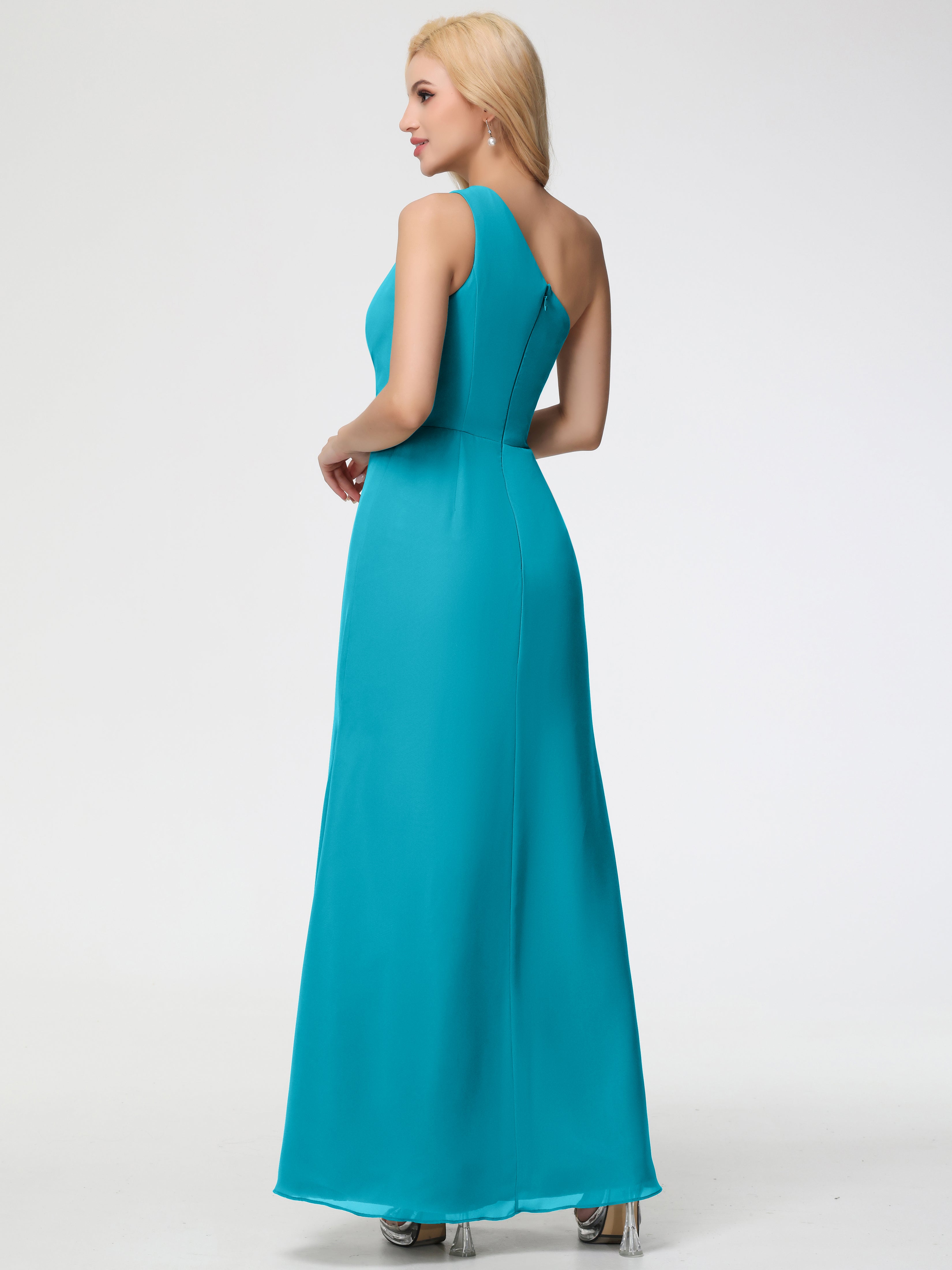 One Shoulder Sheath/Column Sleeveless Long Split Chiffon Bridesmaid Dresses