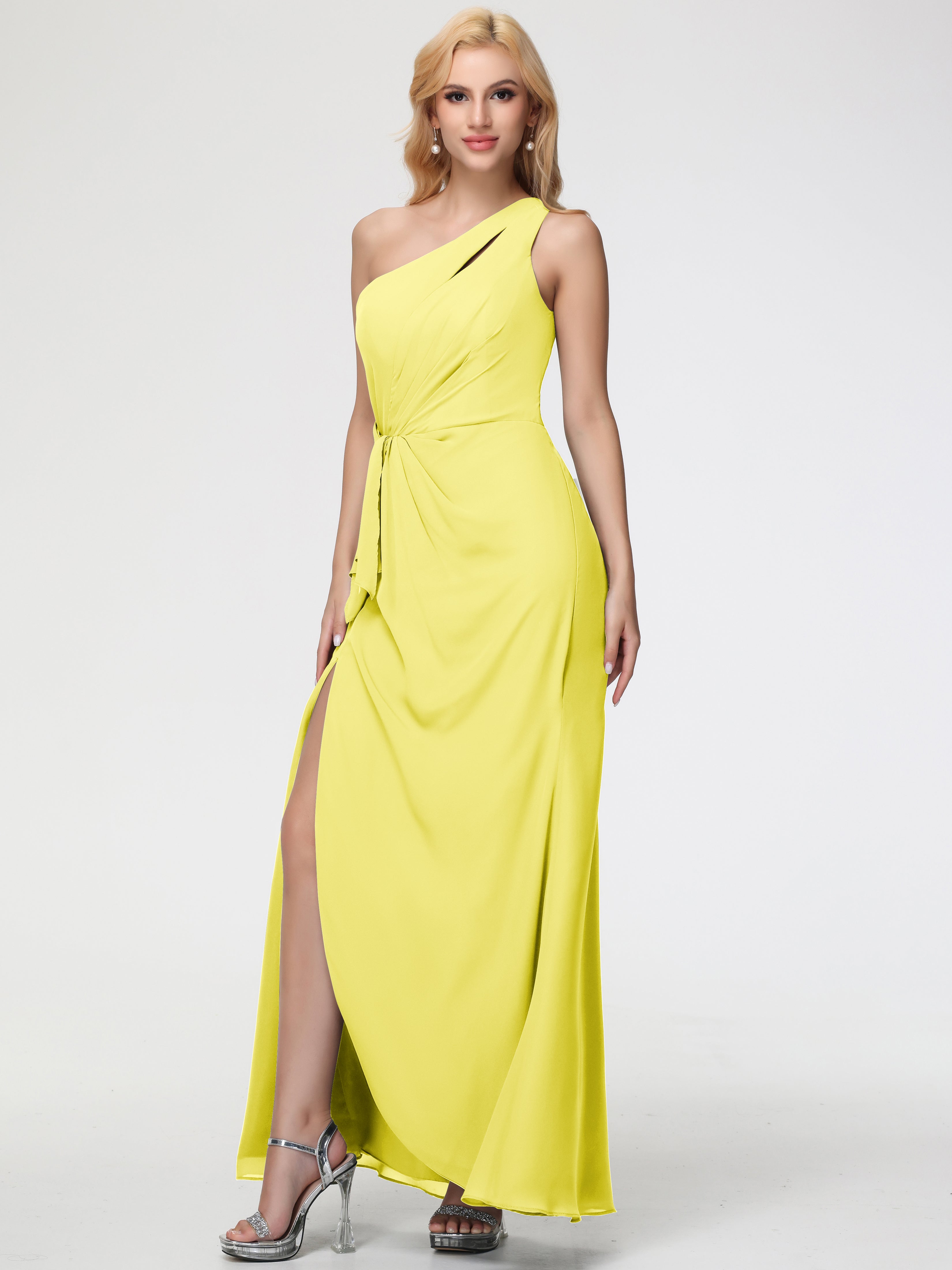 One Shoulder Sheath/Column Sleeveless Long Split Chiffon Bridesmaid Dresses