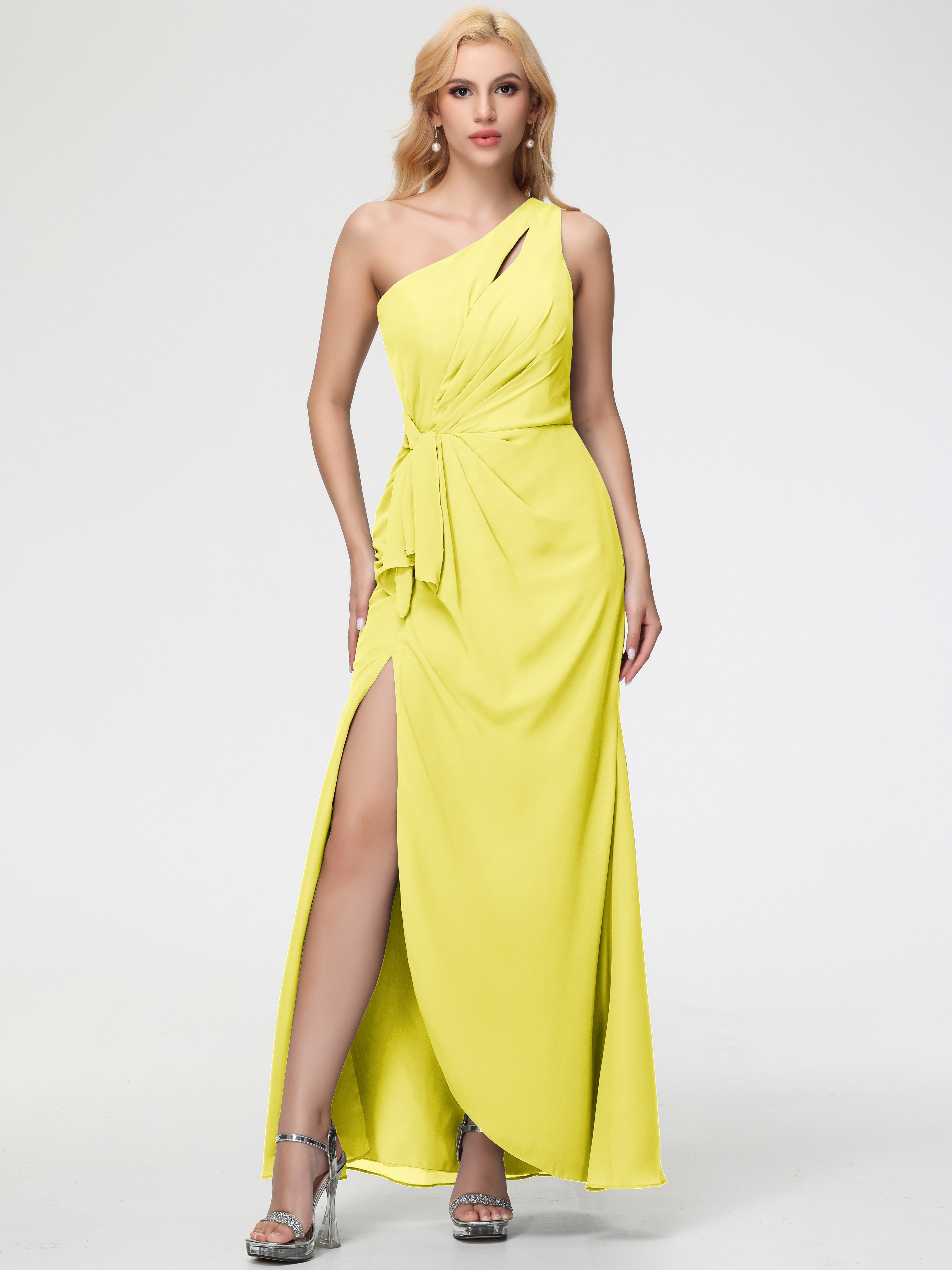 One Shoulder Sheath/Column Sleeveless Long Split Chiffon Bridesmaid Dresses