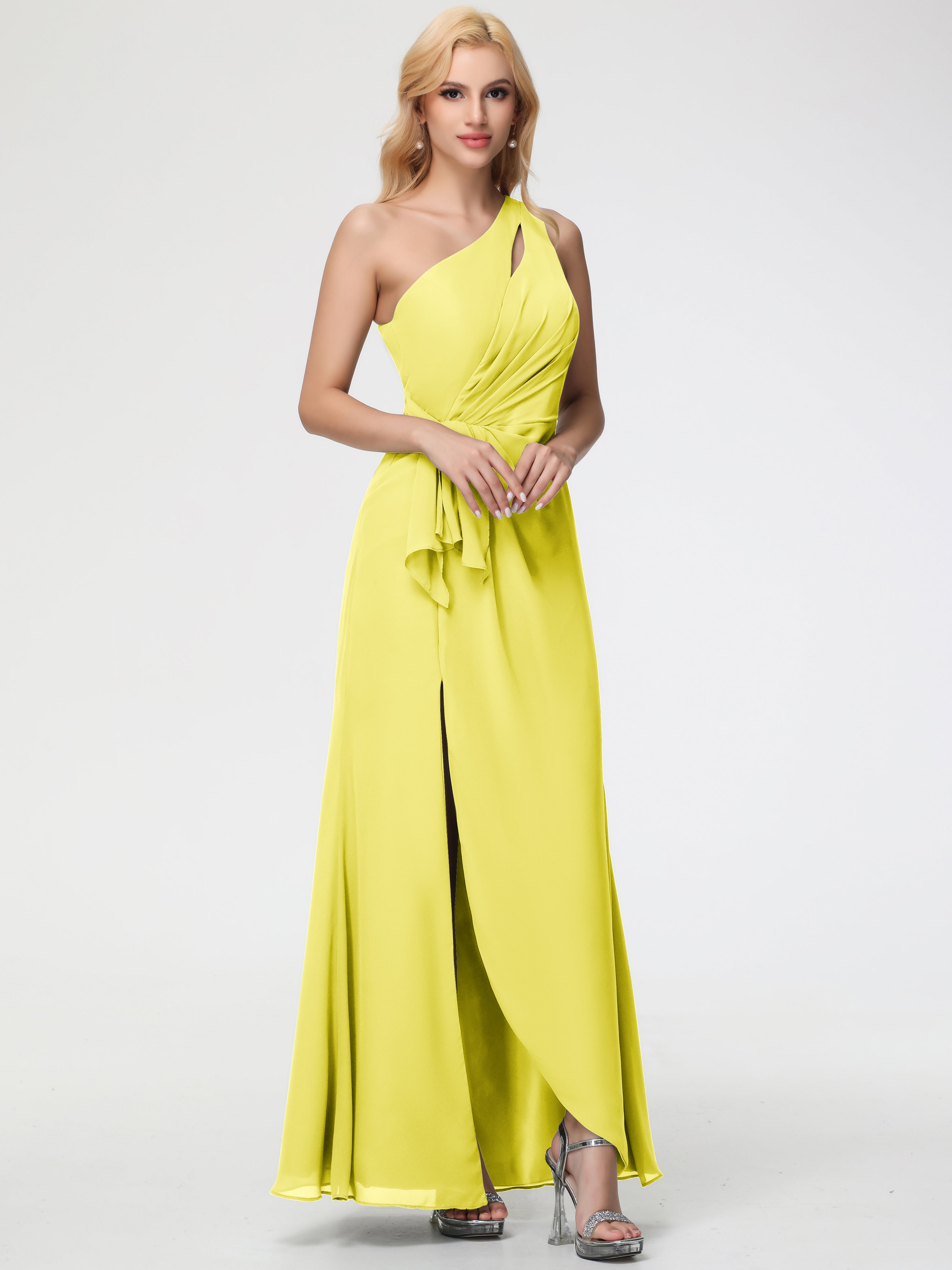 One Shoulder Sheath/Column Sleeveless Long Split Chiffon Bridesmaid Dresses