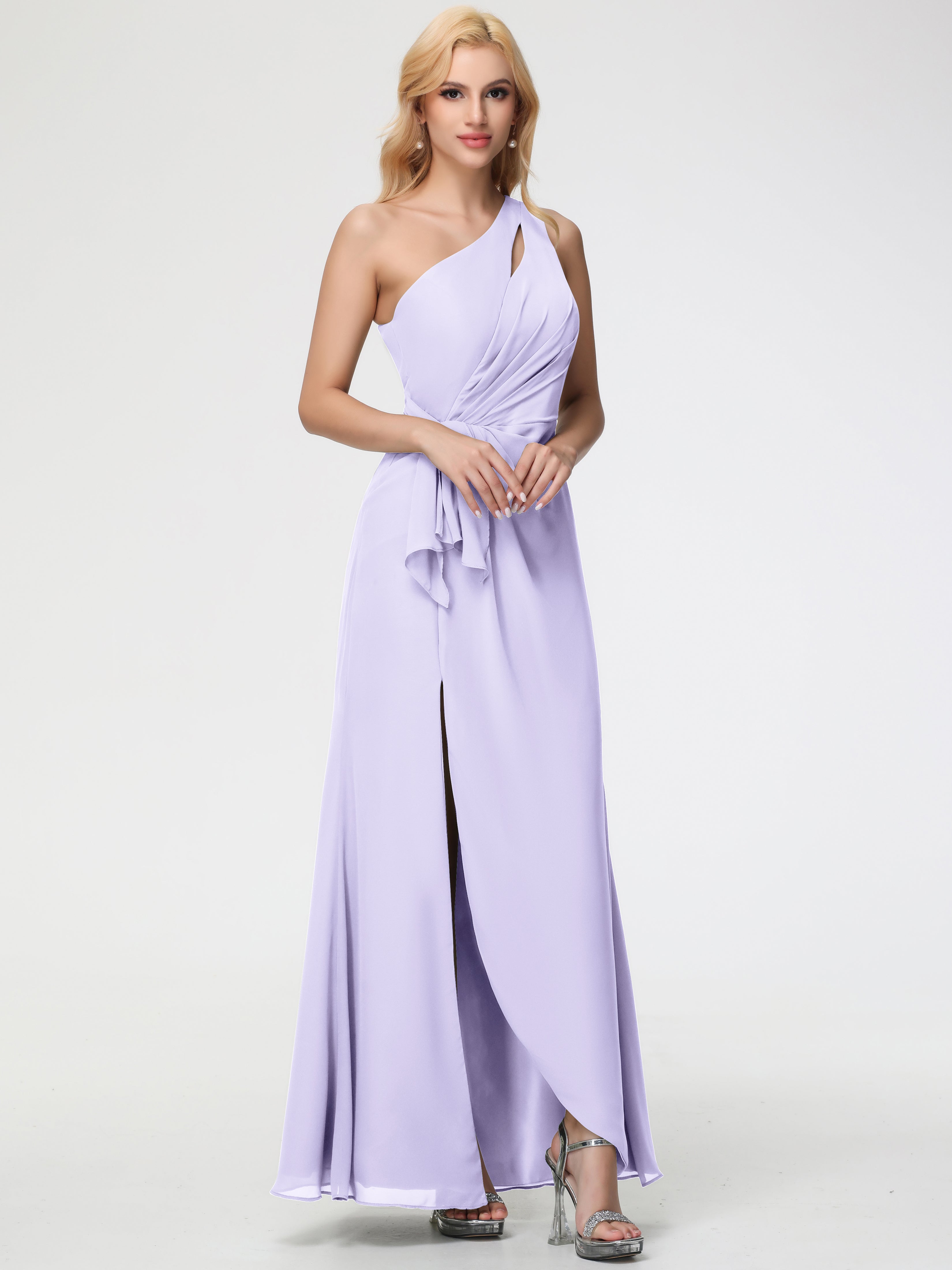 One Shoulder Sheath/Column Sleeveless Long Split Chiffon Bridesmaid Dresses